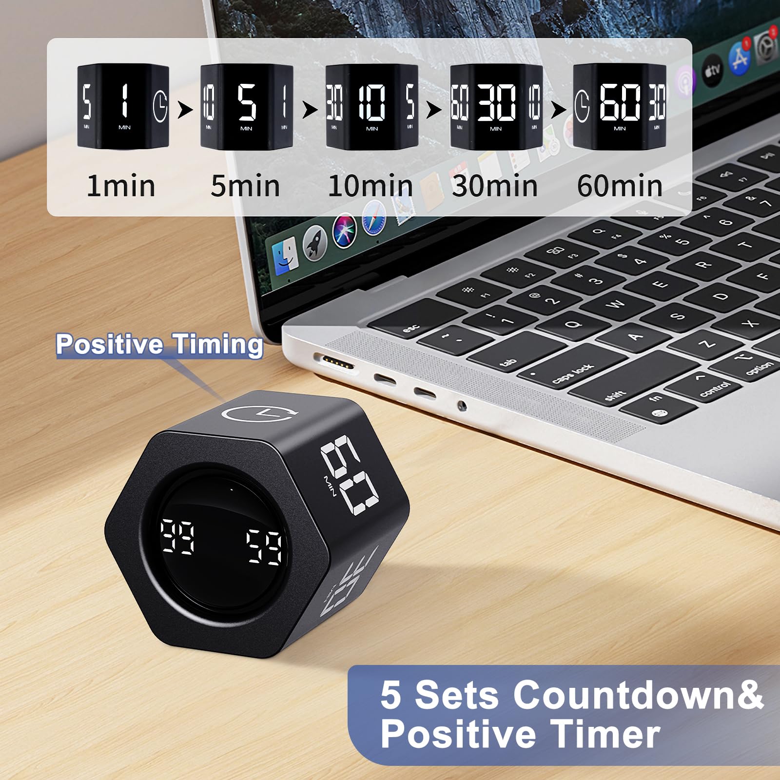 Cuteefun Hexagon Digital Productivity Timer, Rotating Pomodoro Timer with Gravireceptor 1-5-10-30-60 Min Countdown - Image 2