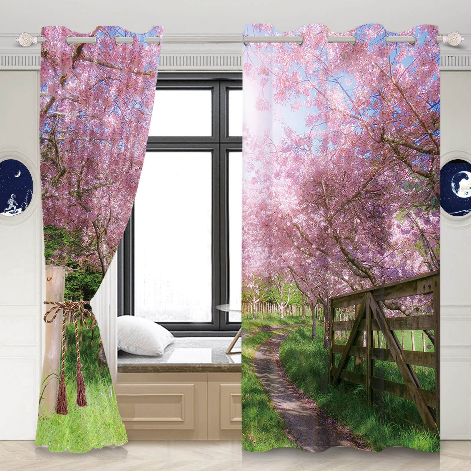 Amazon｜Qinunipoto カーテン 満開の桜の花 桜の道 花柄 春の風景