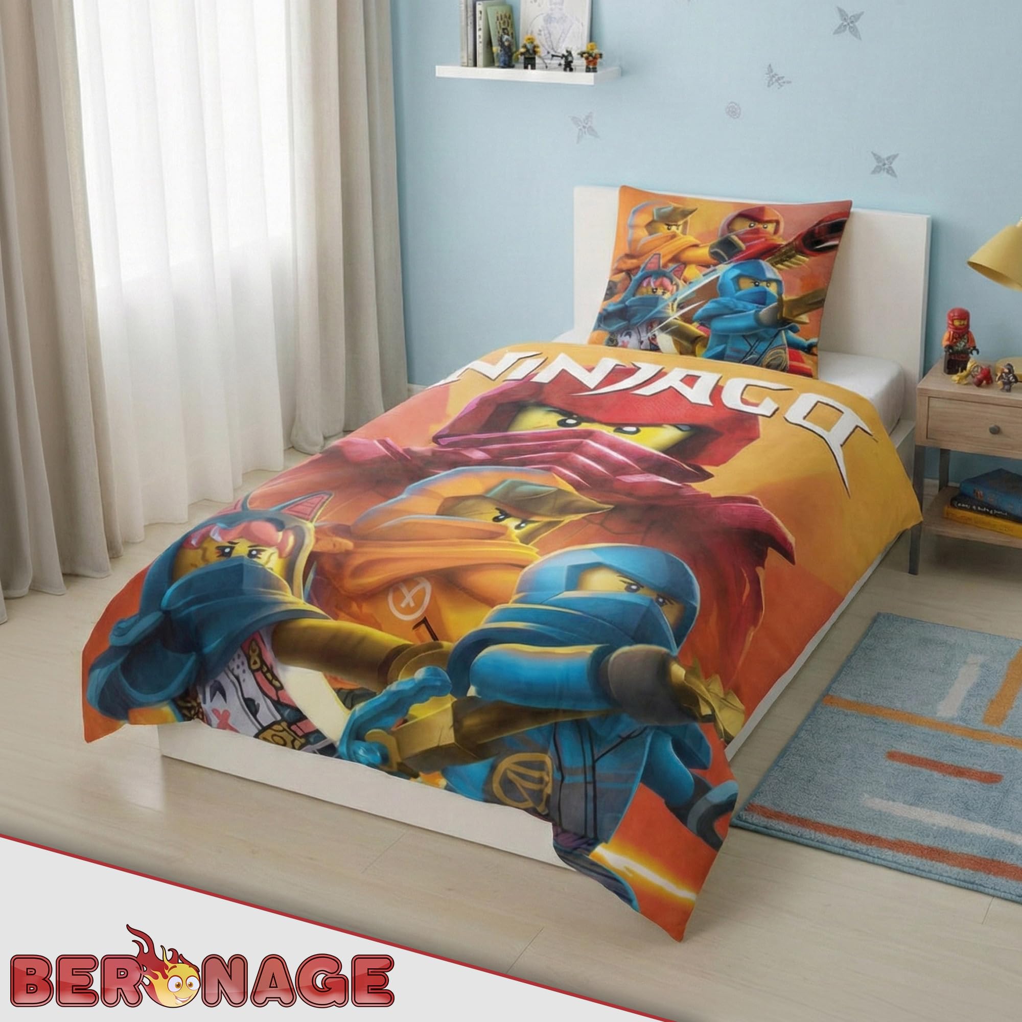 Lego Ninjago Movie Battle Parure de lit pour enfant – 135 x 200 cm + 80 x 80 cm – 100 % linon de coton – Cole – Jay – Kai – Lloyd – Zane – NYA – Misako – Sensei Wu – Renforcé – Taille allemande –