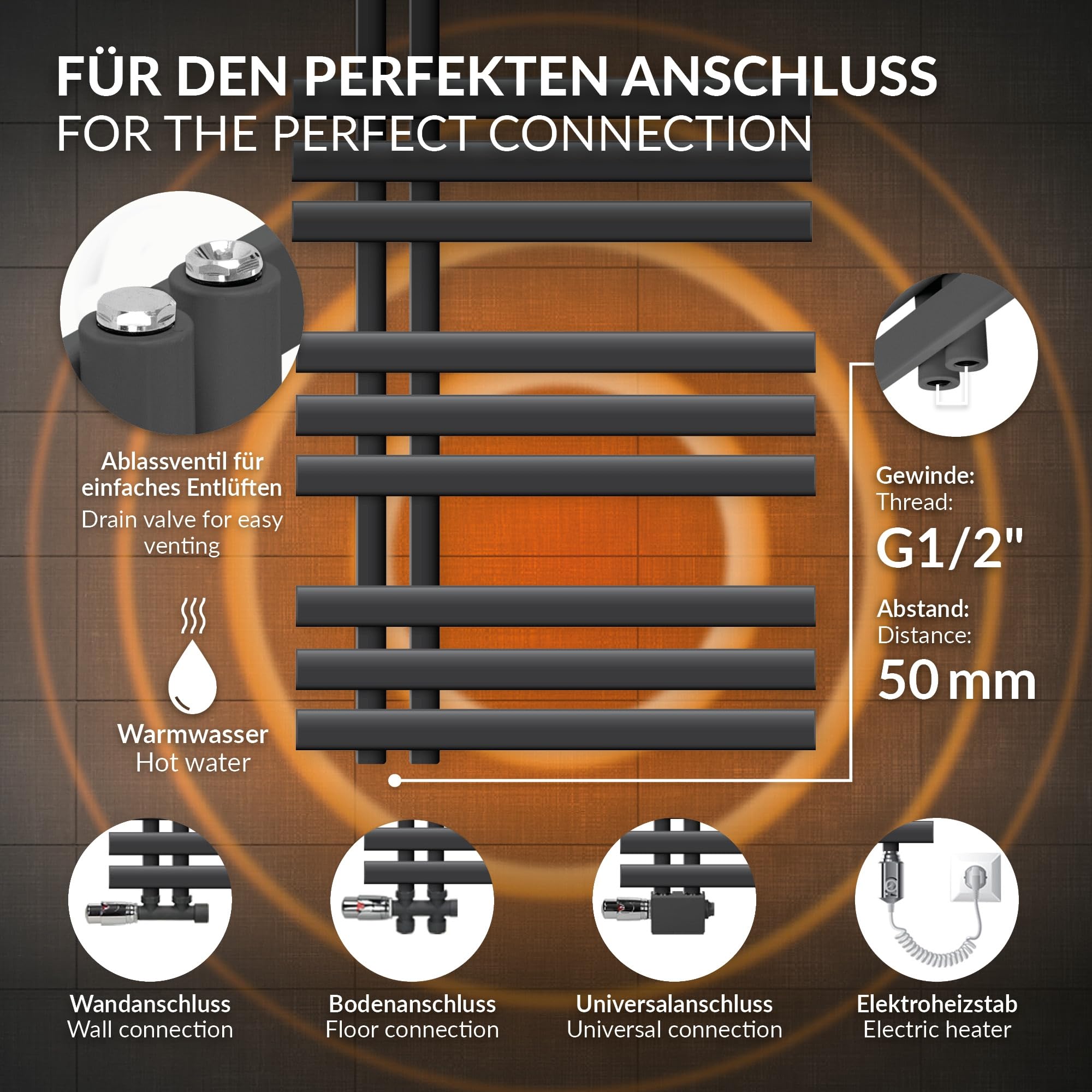 LuxeBath Radiador Eléctrico Iron EM 500 x 1200 mm Antracita, Estufa Toallera Vertical con Elemento Calefactor 900W Termostato de Pantalla Digital, Calentador de Pared de Diseño Moderno para Baño