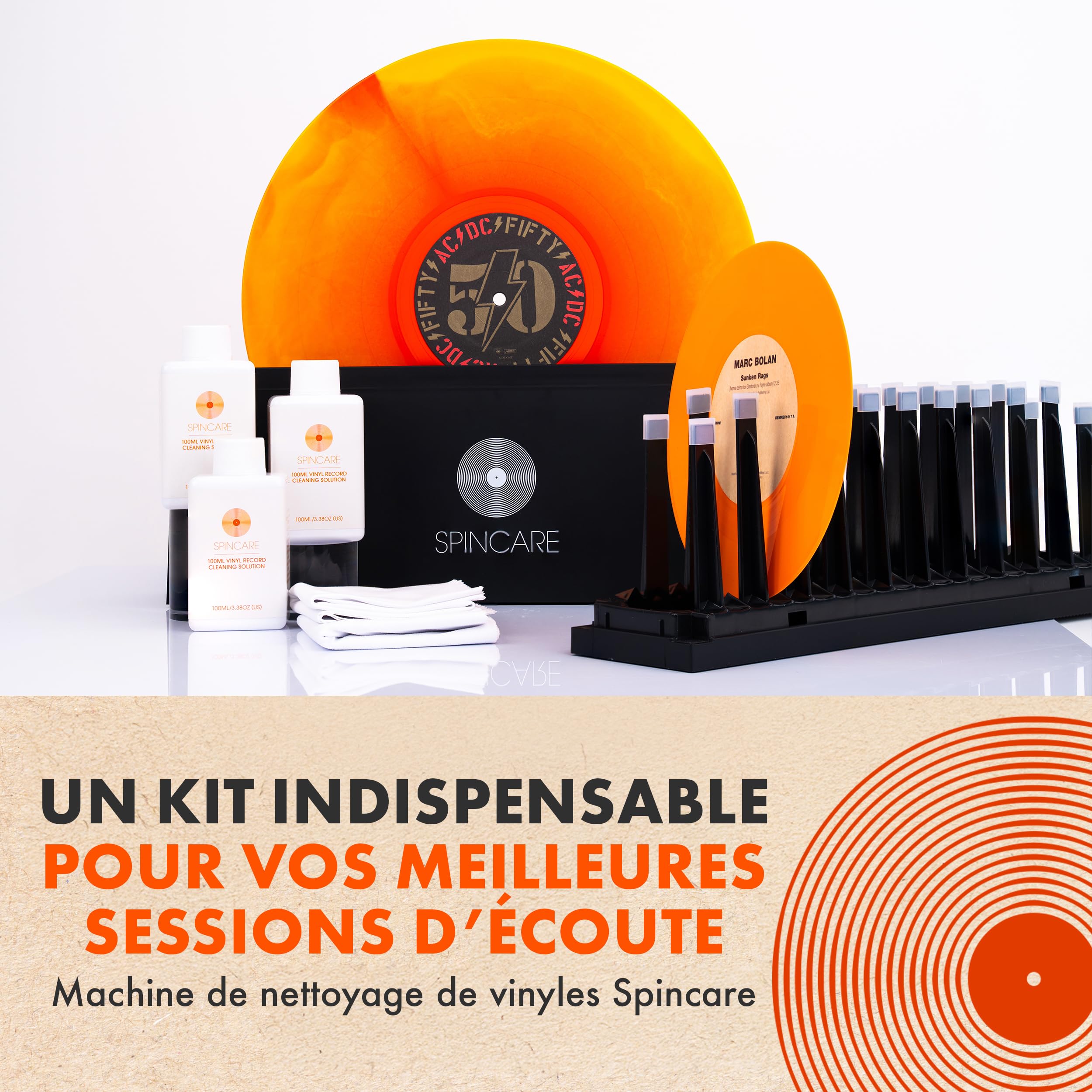SPINCARE Machine Nettoyage Vinyle Kit Nettoyeur Disque Vinyle pour Albums LP 33 Tours 45 Tours | Inclut Liquide et Bac de Nettoyage Chiffon Microfibre – Nettoie 500 Disques LP