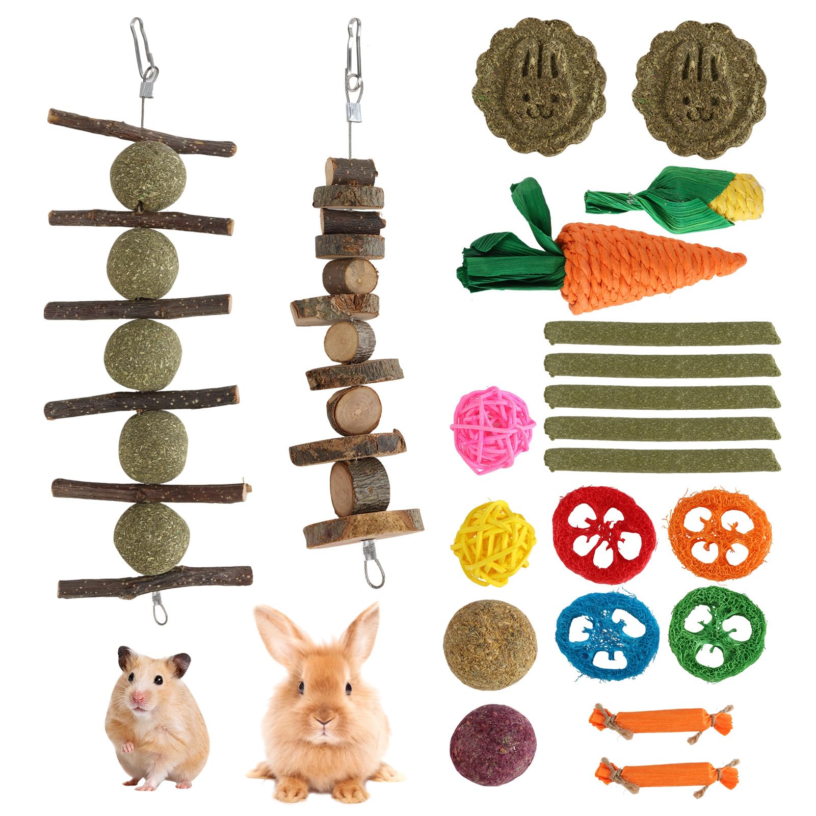 Natural Rabbit Toys Boredom Breaker 21-piece Set, Chew and Activity Toys for Rabbits Hamsters Guinea Pigs, Wooden and Straw Small Animal Tools for Teeth Grinding Play Enrichment Daily Exercise