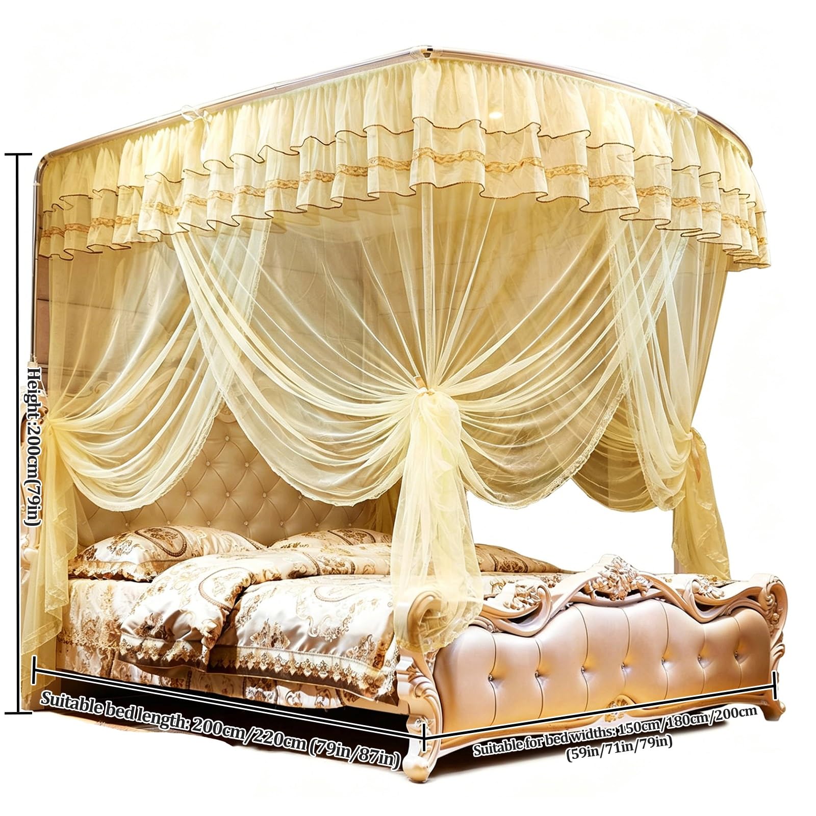 SARKEY Baldachim w kształcie litery U, zasłony do łóżka A, trzy boczne otwory, romantyczny (GR, 150 x 200 x 200 cm (59 cali x 79 cali x 79 cali)