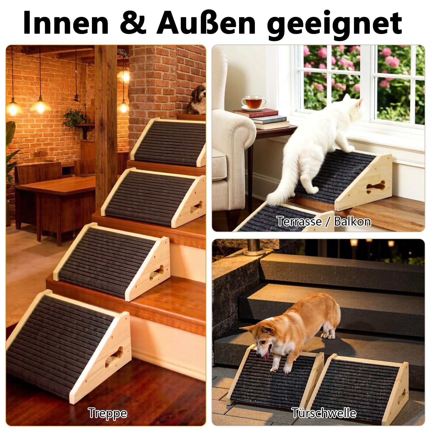 4 Stück Hunderampen für Treppen, Hundetreppe Holz mit Rutschfester Trittmatte, Treppenstufen Haustiertreppe für kleine Hunde und Katzen, Haustierstufen für ältere oder Verletzte Haustiere