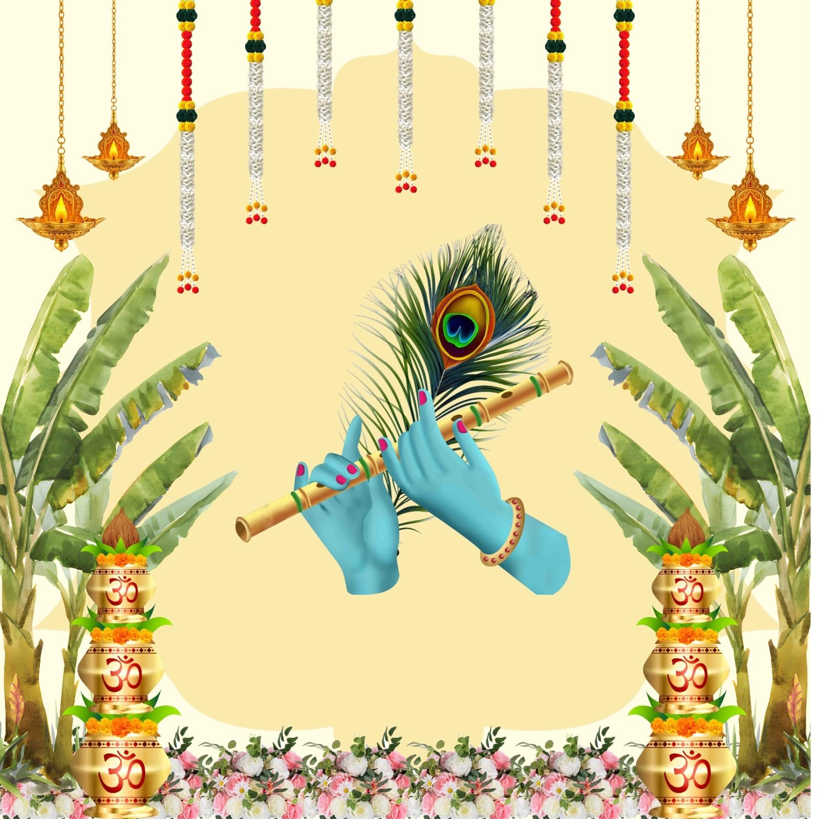 Krishna Flute Morpankh Kalash Pooja Backdrop, 3D HD Printed Washable Polyester, 8Ft x 8Ft, for Wedding, Haldi & Satyanarayan Pooja-image-41