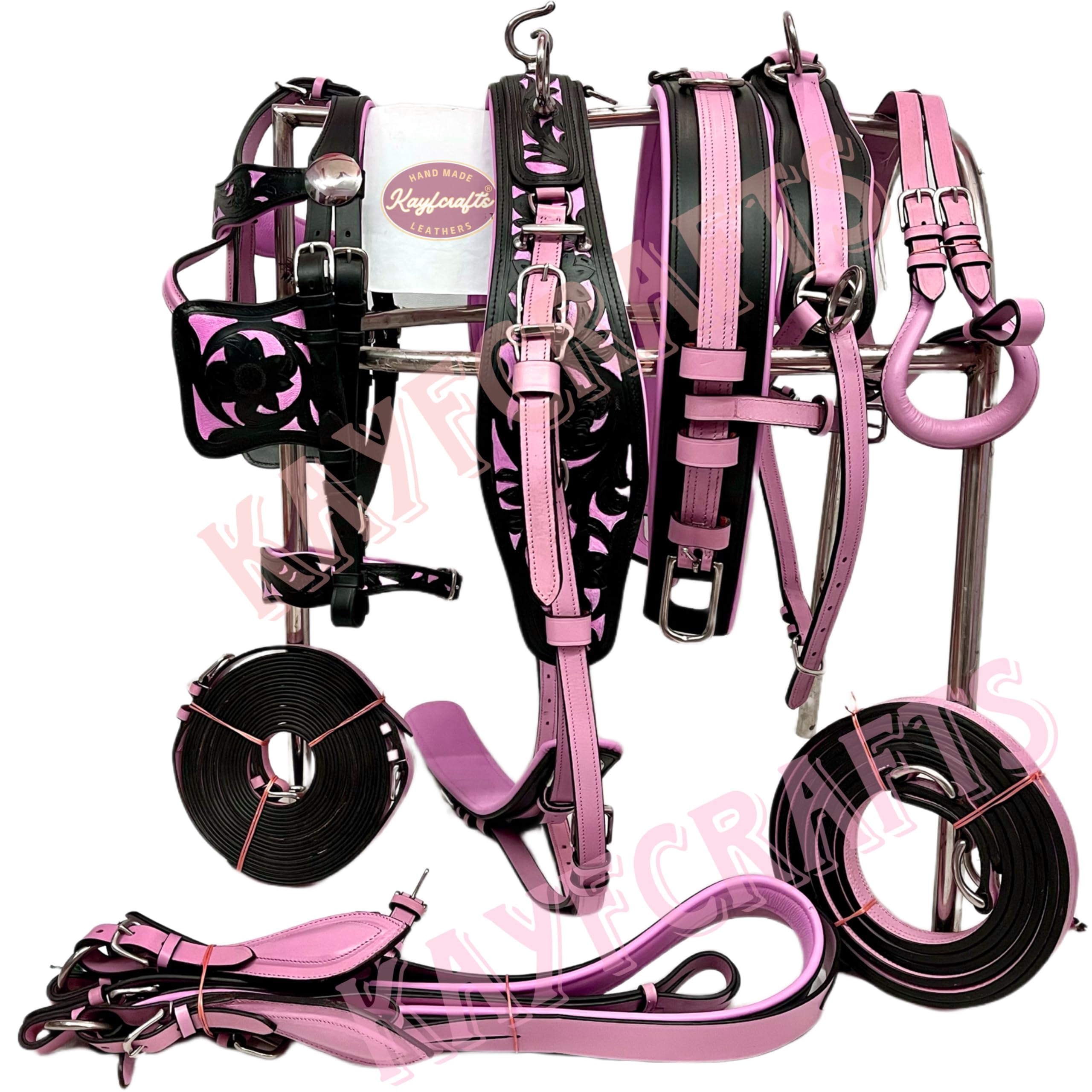 Pink & Black 2 Tone Oiled Leather Horse Driving Harness Set for Carriage Buggy (Full)