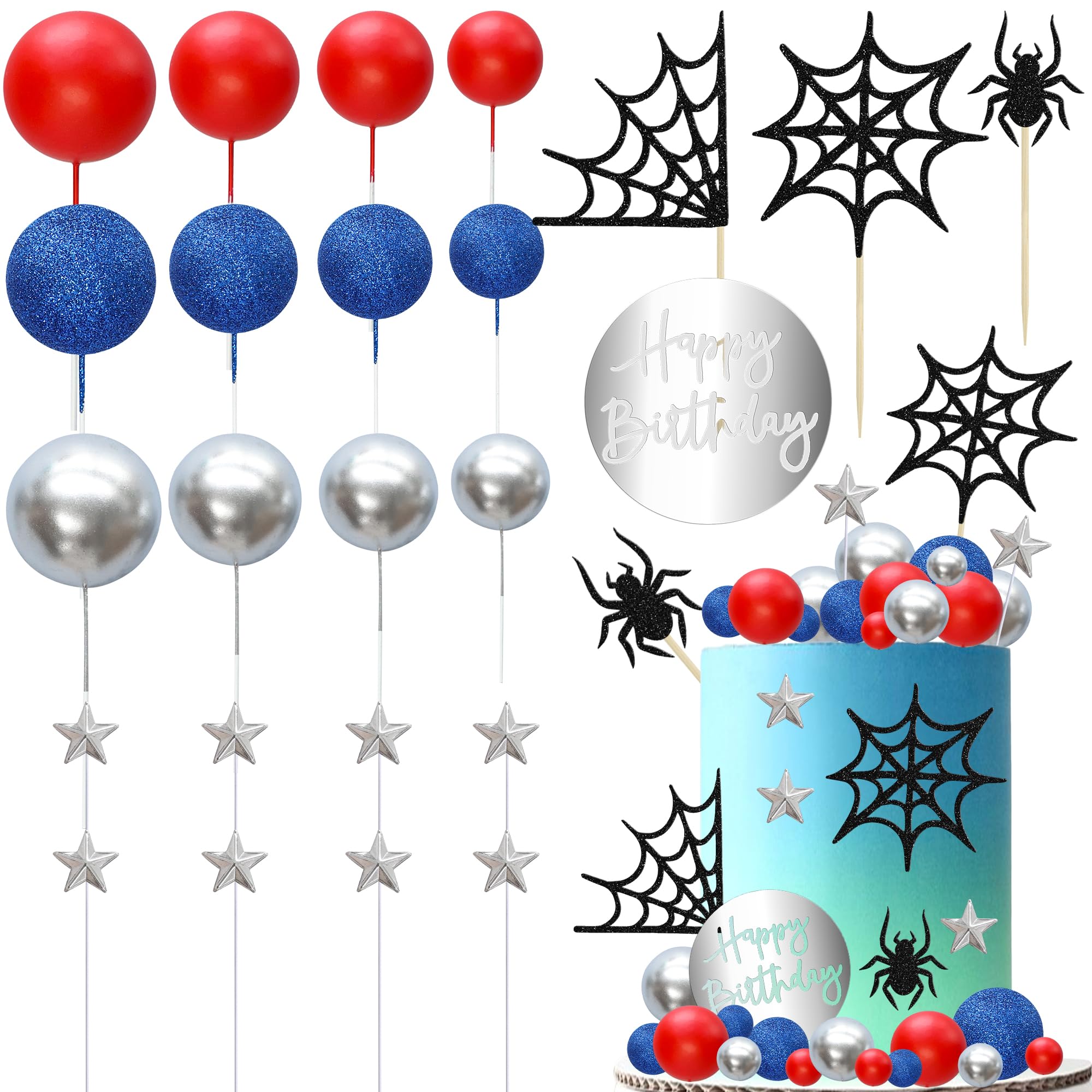 Gyufise 60 piezas de decoración para tartas de telaraña, decoración de tartas con temática de arañas, decoración de pastel con purpurina, decoración de feliz cumpleaños, estrellas rojas, plateadas