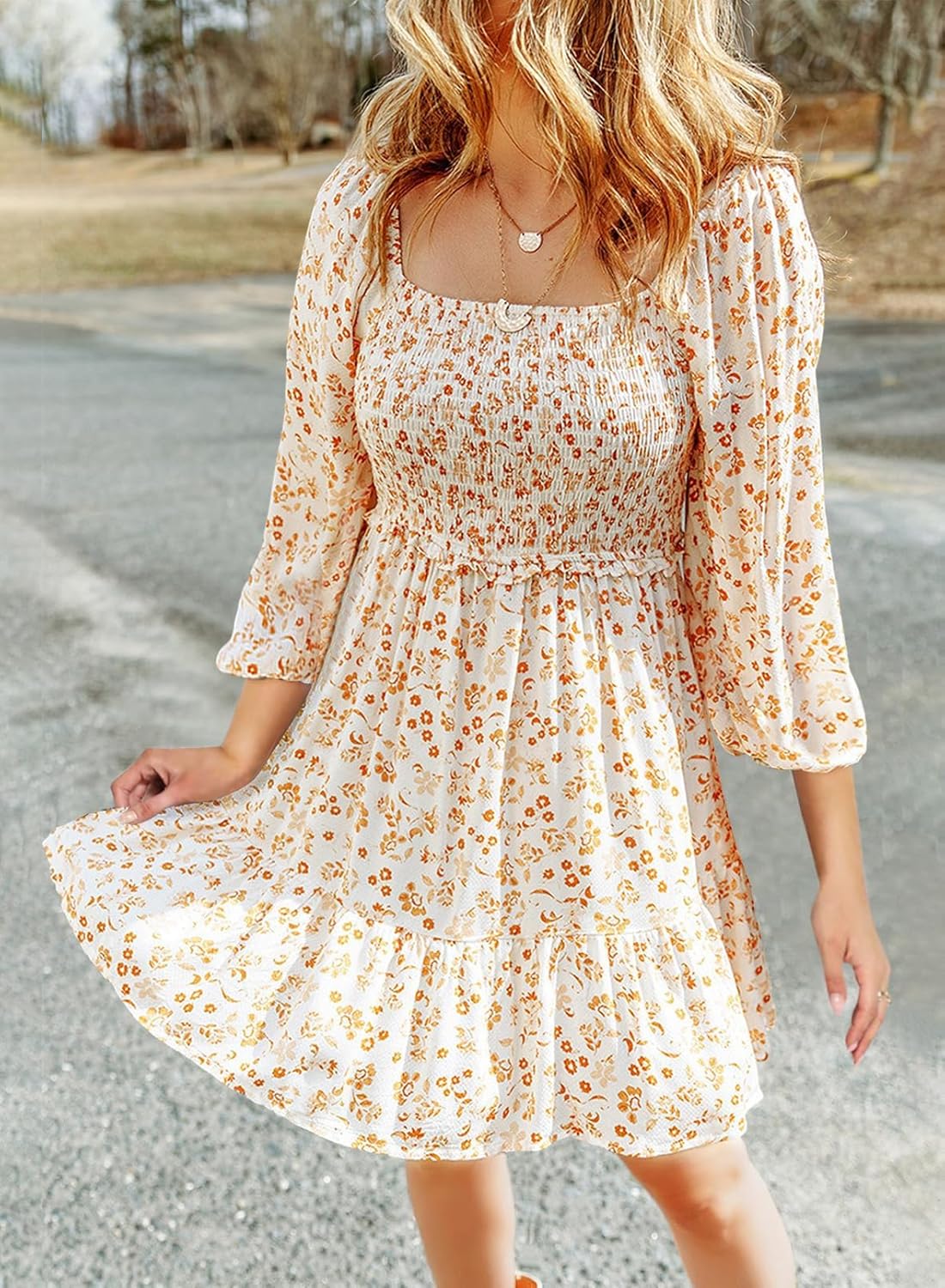 Gothden Women Casual Babydoll Dresses Boho Floral Square Neck Smocked 3/4 Sleeve A-Line Swing Mini Dress - Image 2