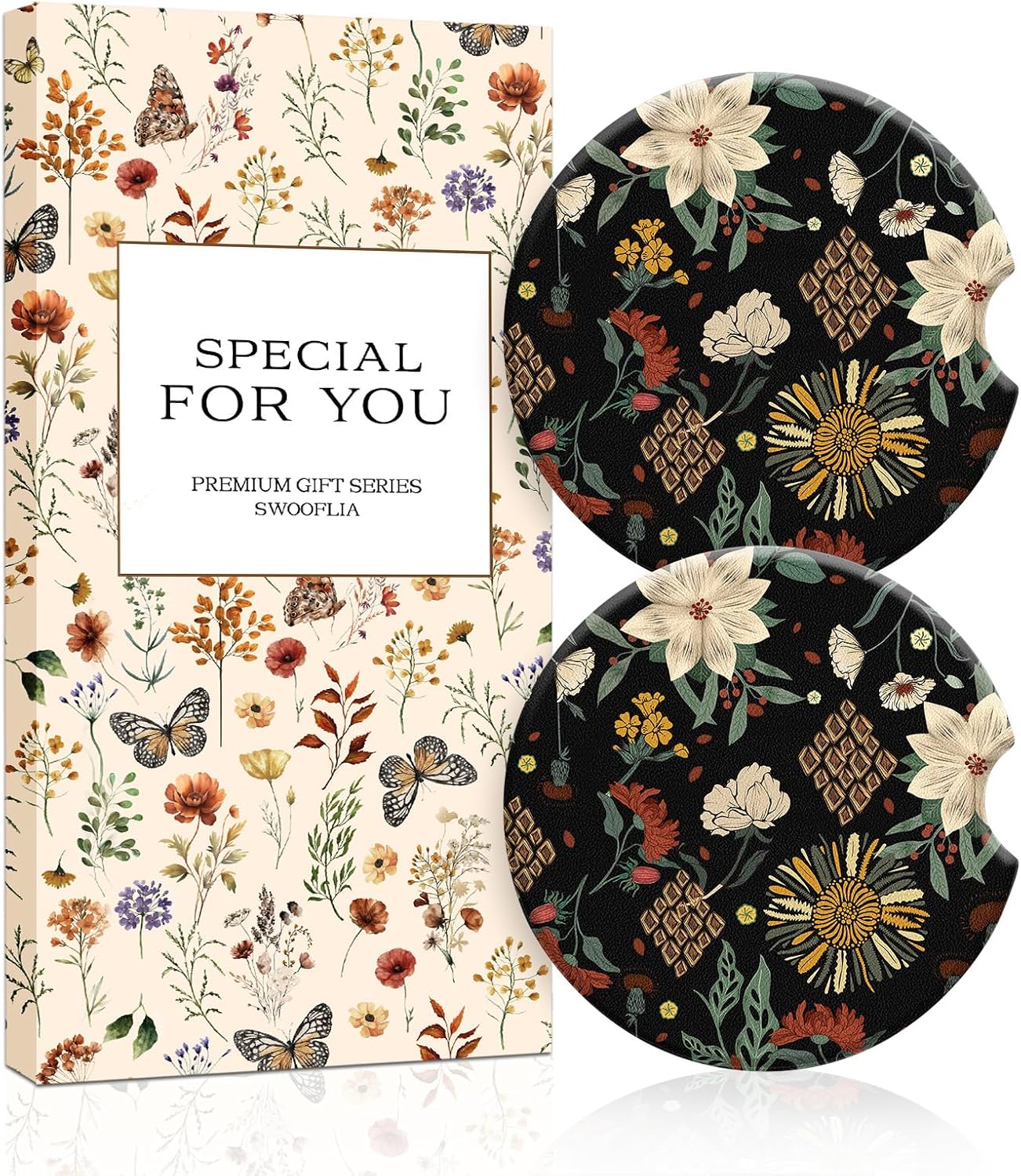 Swooflia Car Coasters for Women - Classic Black Leopard Car Cup Coasters Absorbent Cup Holder Coasters for Car 2 Pcs Ceramic Car Cupholder Coaster with Cork Base Car Interior Accessories