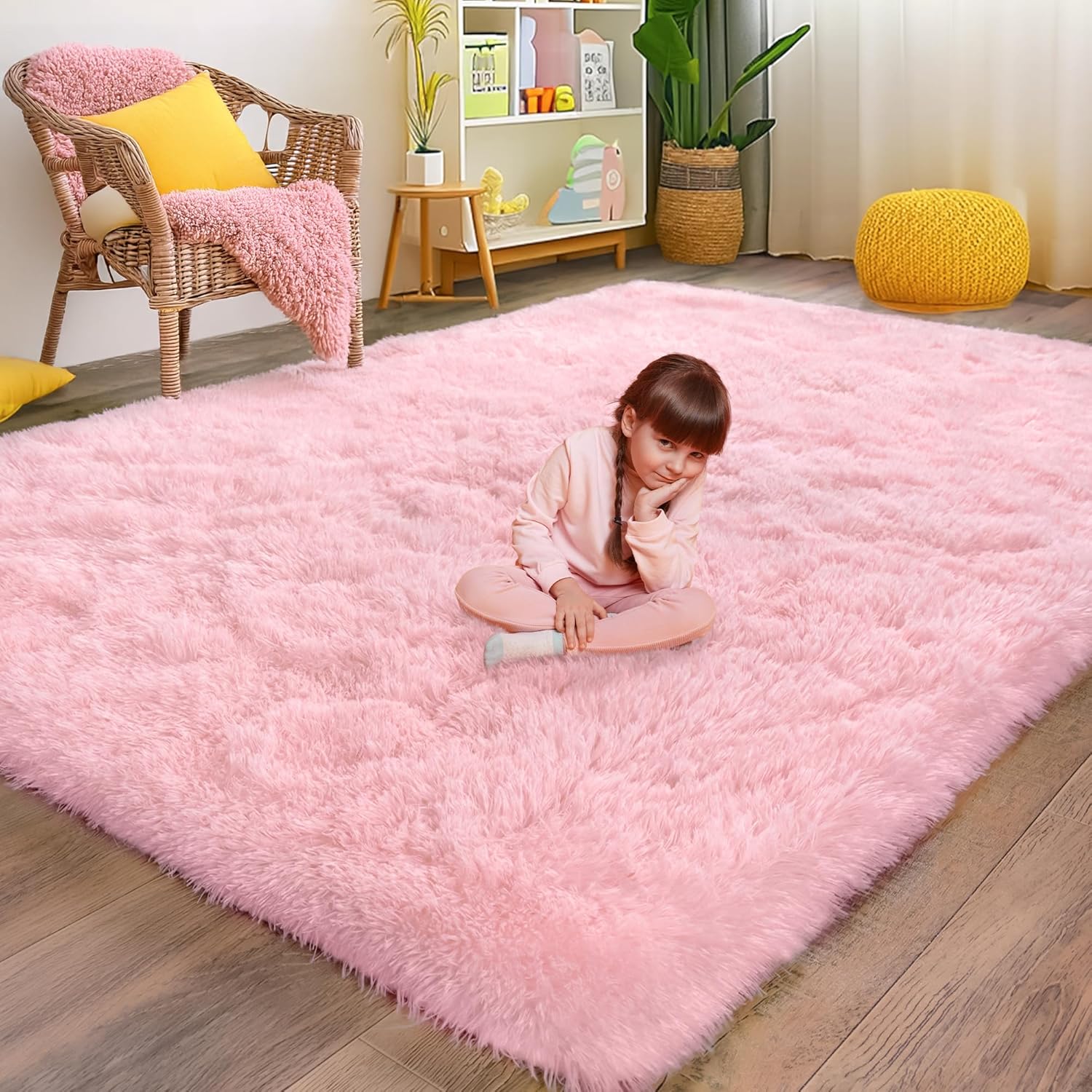 Fluffy Pink Rug for Bedroom Girls, 5x7 Soft Fuzzy Plush Shag Area Rug for Living Room, Cute Comfy Throw Rug for Kids, Non-Slip Indoor Shaggy Floor Carpet for Nursery Teen Dorms Home Decor Aesthetic