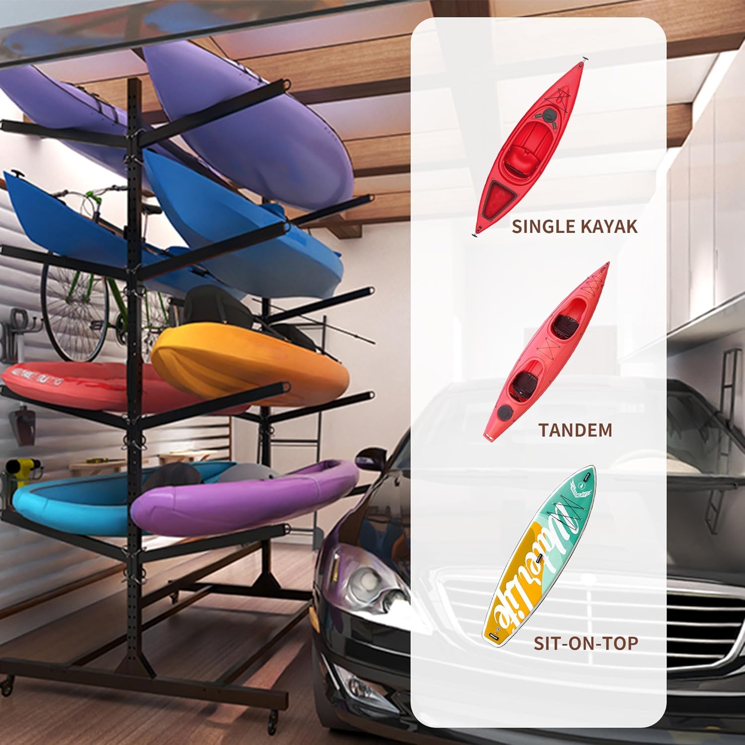 Heavy Duty Kayak Storage Rack on Wheels, Freestanding Kayak Holder Adjustable Kayak Racks, Garage Outdoor Kayak Stand Racks for Kayaks, Canoes, Surfboard and Paddleboard