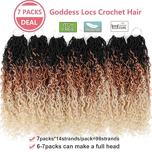 Miniatura 2 de Cabello de ganchillo sintético rubio degradado, 18 pulgadas, 7 paquetes de tres tonos Goddess Locs con extremos rizados, cabello de ganchillo suave