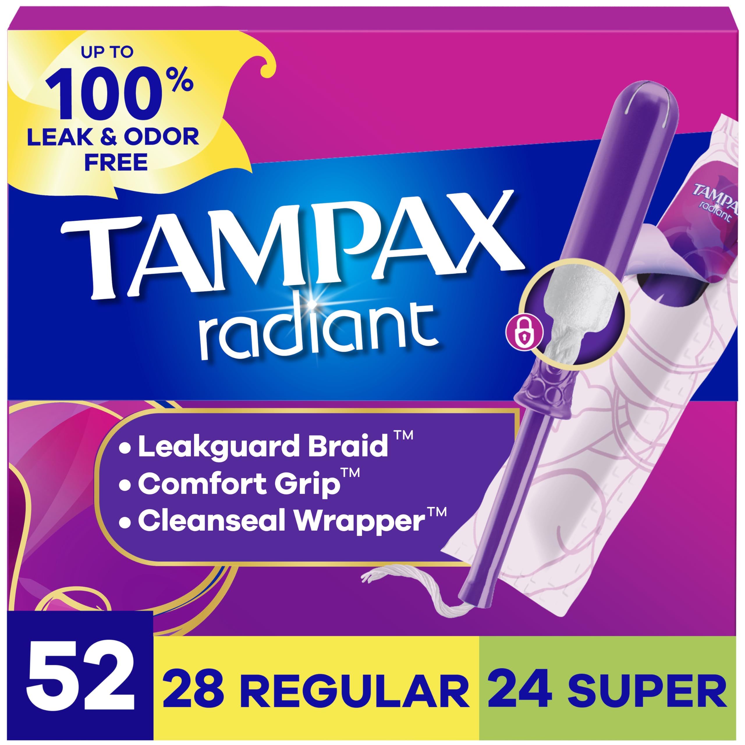 Tampax Radiant Tampons Multipack, #1 Tampon Brand, with LeakGuard Braid, Regular/Super Absorbency, Up to 100% Leak and Odor Free Protection, Unscented, 52 Count