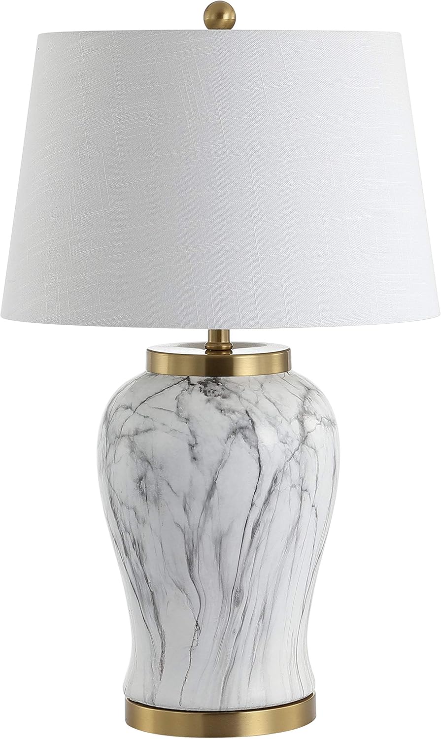 JONATHAN Y 28" White/Gold Ceramic Marble LED Table Lamp, Contemporary Faux-Marble Hand-Painted Base with White Linen Drum Shade for Living Room Bedroom, LED Bulb Included JYL3053A