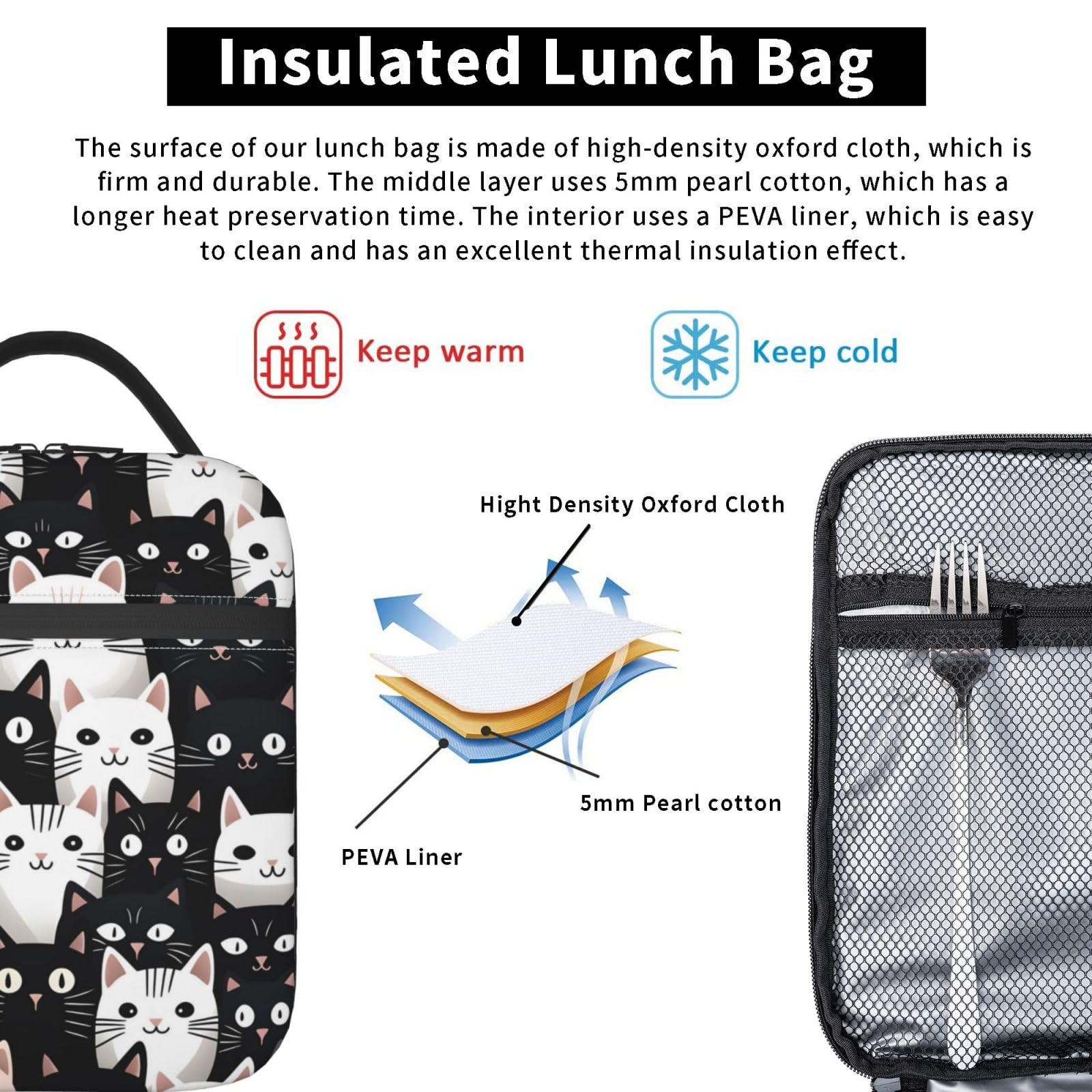 Mexpekil Borsa termica per il pranzo con gatto nero e bianco per donne e uomini, borsa termica portatile da picnic con tasca laterale in rete per adulti Lunchbox per lavoro