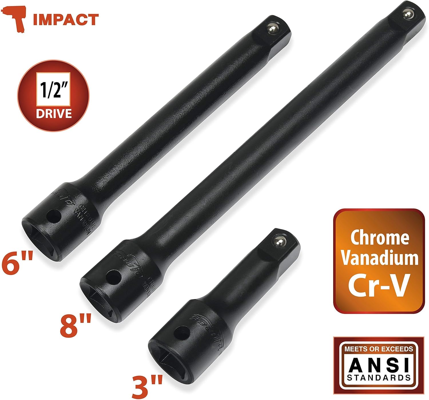 EPAuto 1/2-Inch Drive Metric Deep Impact Socket Set, Cr-V, 6 Points, 11 Sockets + 1/2-Inch Drive Impact Socket Extension Bar Set, Cr-V, 3 Pieces - - 