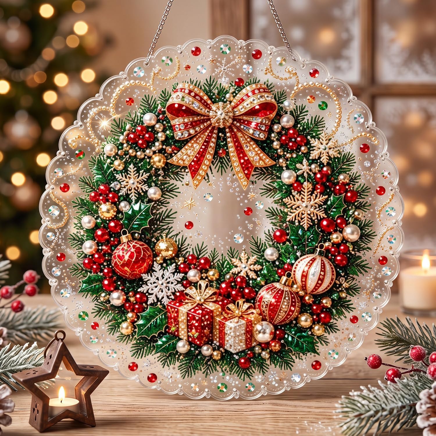 Christmas Pearl Diamond Painting Suncatcher Kit, DIY Craft，Style B：12in