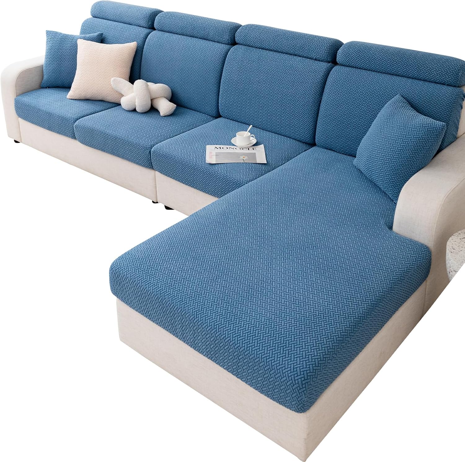 Magic Sofa Covers,Jacquard Couch Cushion Covers,2024 New Wear-Resistant Universal Sofa Cover,Stretch for Sectional Slipcovers (Blue, Chaise Cover) Chaise Cover Blue