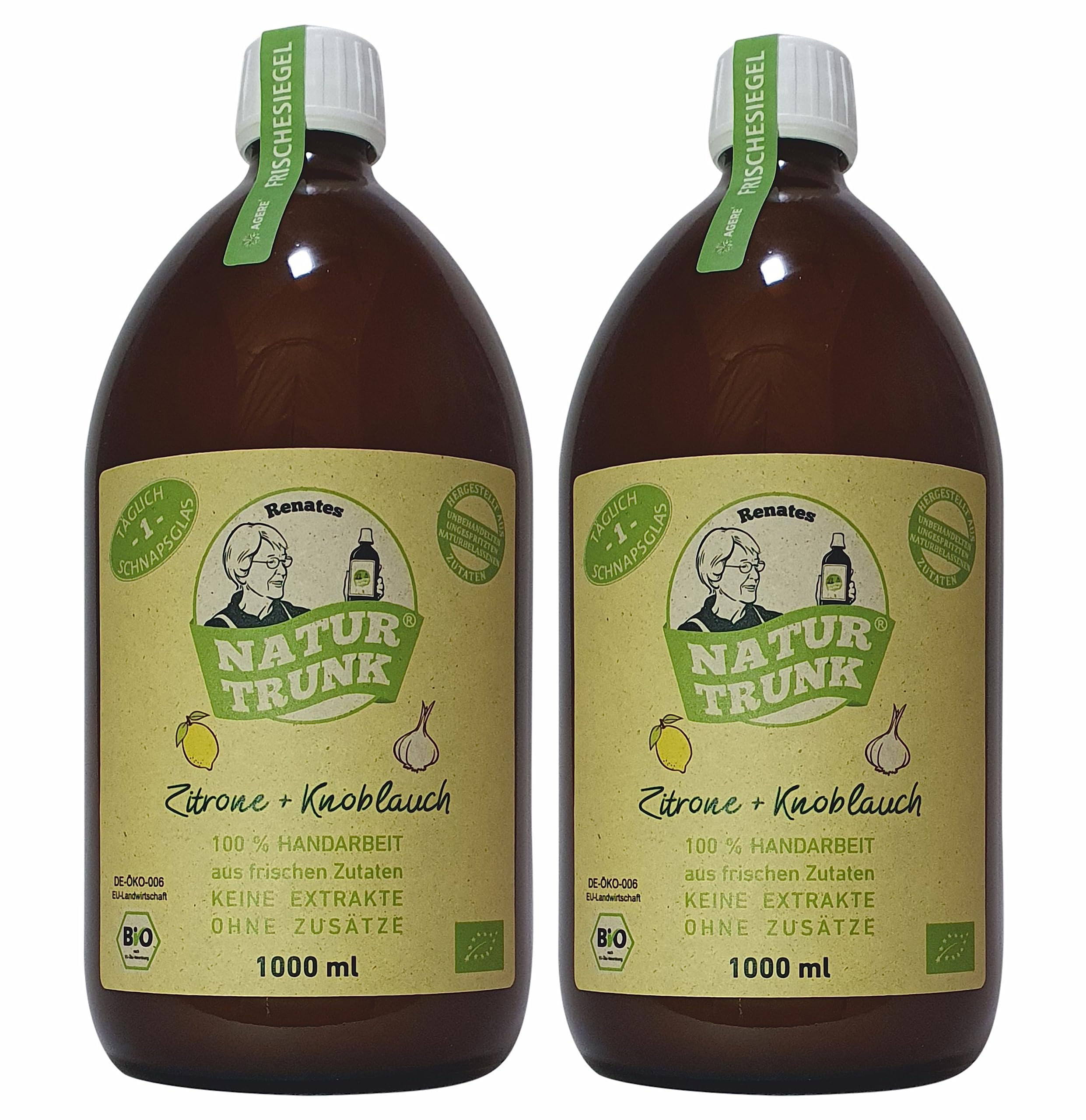 Jetzt 1 Liter! OHNE Konservierungsstoffe! 2 x Renates NaturTrunk Zitrone + Knoblauch, 2 x 1000ml Glasflasche, PZN 04712890, DE-ÖKO-006, handwerklich hergestellt in kleinen Stückzahlen.