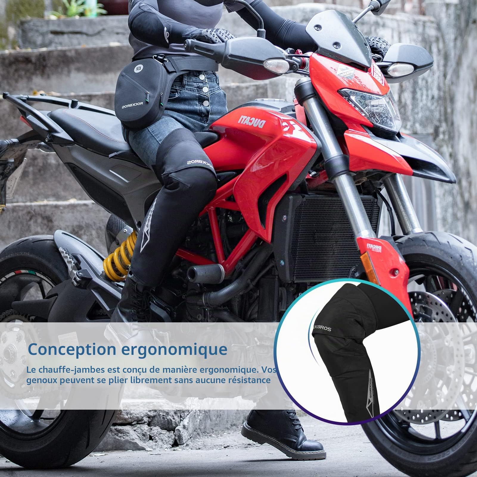 ROCKBROS Genouillères Thermiques Moto Automne Hiver Genouillère de Compression Jambière Sport Vélo Protection Genoux Rembourrage Amovible Polaire Coton Coupe-vent Femme Homme Noir (1 Paire)
