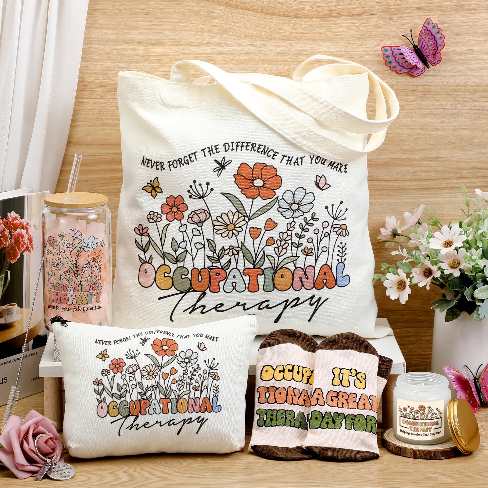 Funnymoom 6 Pcs Occupational Therapy Appreciation Gifts for Women Thank You OT with17 oz Glass Cup Canvas Tote Makeup Bag Valentine's Day Birthday Gifts Set for Occupational Therapist