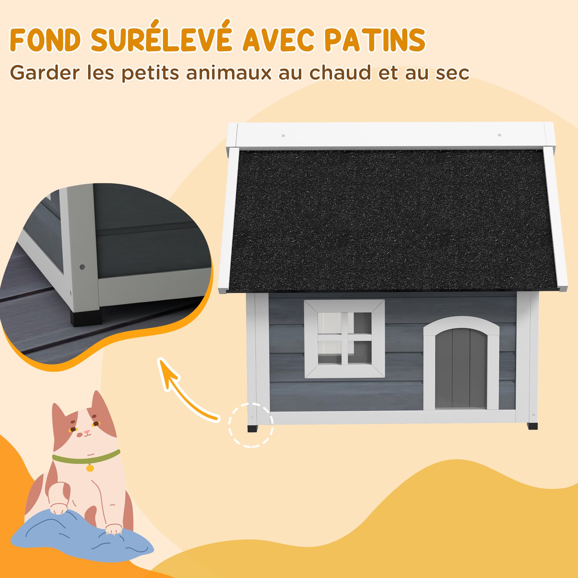 PawHut Maison pour Chat en Bois, Niche pour Chat, fenêtre en plexiglas, Porte à lamelles, Toit bitumé ouvrable et 3 Portes, Pieds en Plastique, 77 x 57,5 x 68 cm, Gris