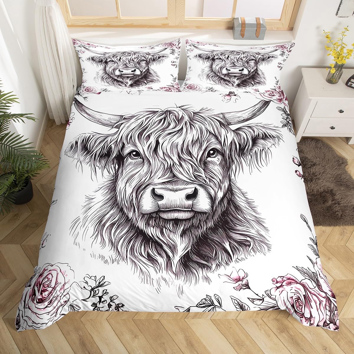 Homemissing Highland Cow Duvet Cover Set Double Size Highland Cattle Duvet Cover for Boys Girls Animal Bedding Set 3Pcs Room Decor