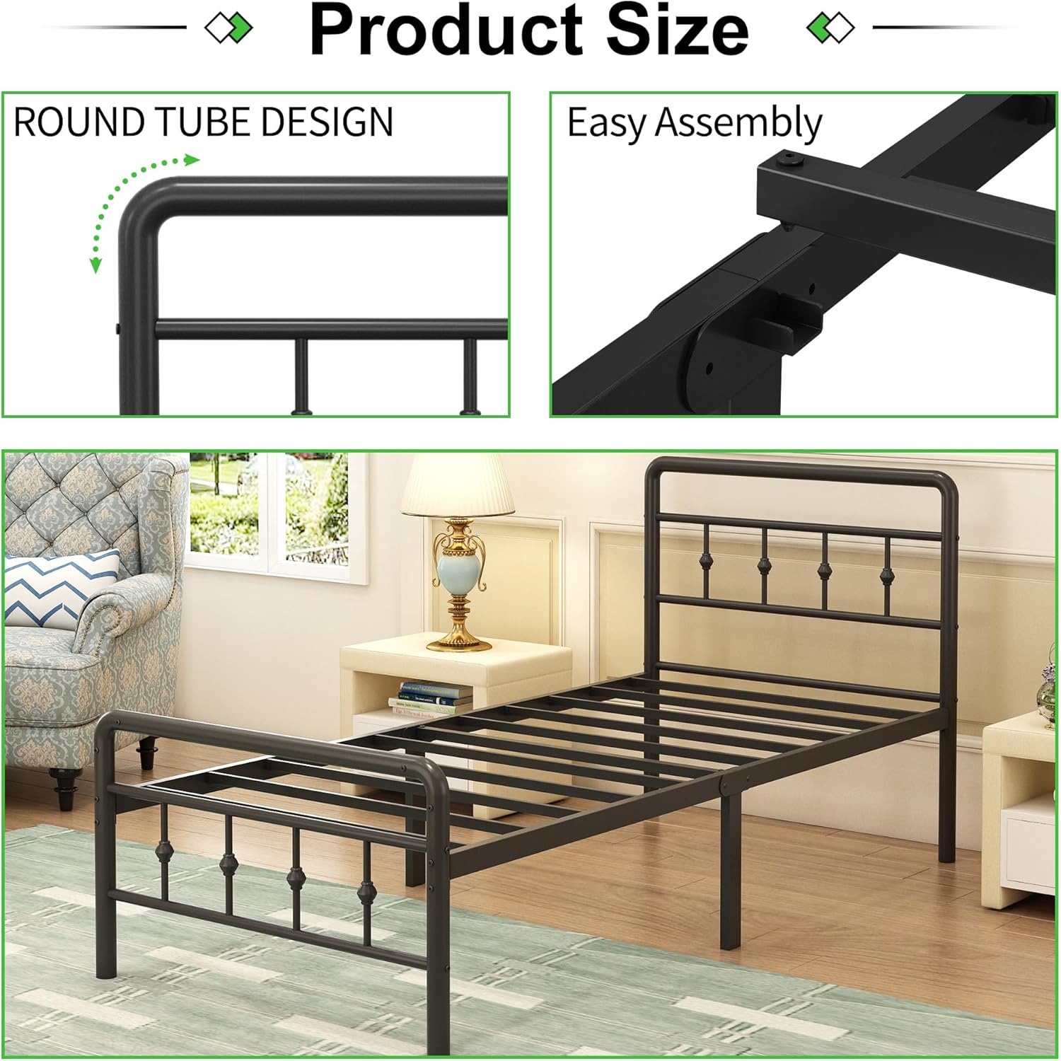 EMODA 16 Inch Twin XL Bed Frames with Headboard and Footboard, Heavy Duty XL Twin Metal Slats Support Mattress Foundation, No Box Spring Needed, Easy Assembly - Image 4
