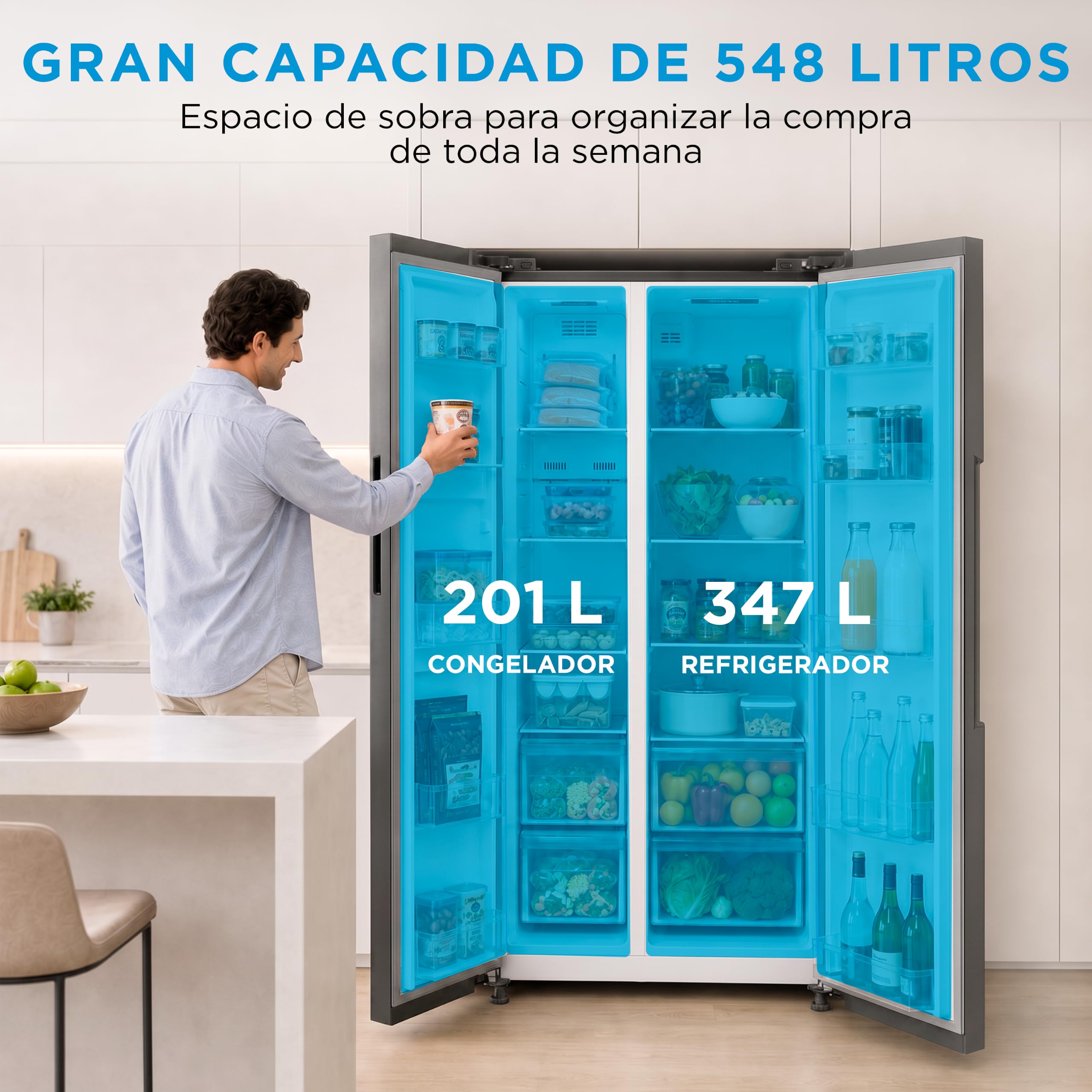 MIDEA Frigorifico Americano No Frost, 548L, 176 x 89,7 cm, Motor inverter | Nevera Americana con Congelador, Silencioso 35 db,Panel táctil, Multi air flow, Bajo consumo, Frigorifico combinado 3 modos