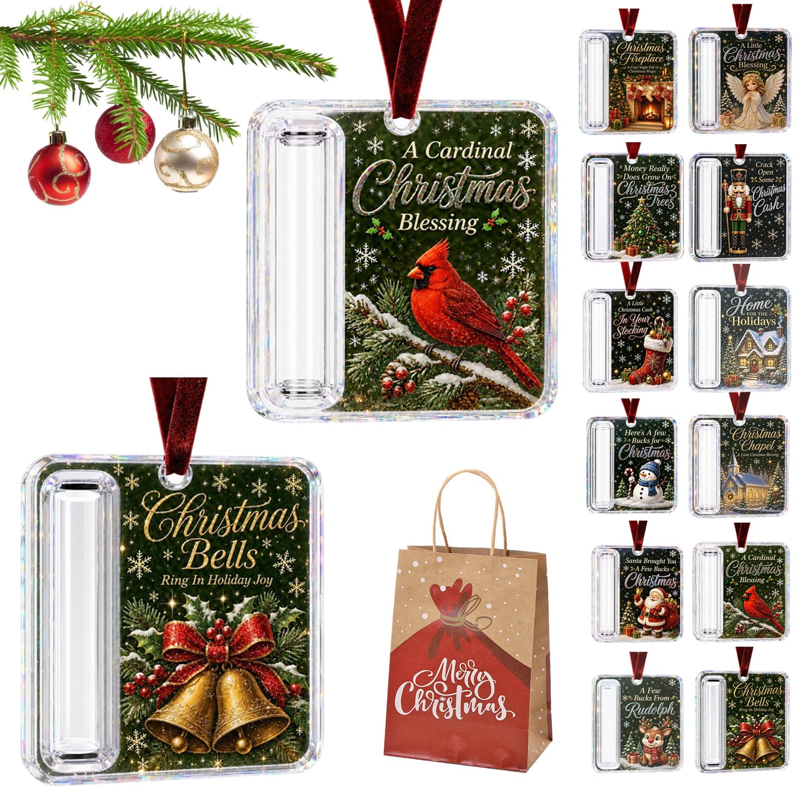 Christmas Cash Gift Holder Ornament, Christmas Money Holders for Cash Funny Hanging Xmas Tree Decoration, Unique Money Gift for Christmas Graduation Back To School (2PC-E)