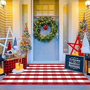 Ckorzen Red and White Plaid Rug, 4' x 6' Christmas Front Porch Outdoor Rug, Handwoven Cotton Washable Rug for Layered Door Mats, Holiday Entryway and Home Décor