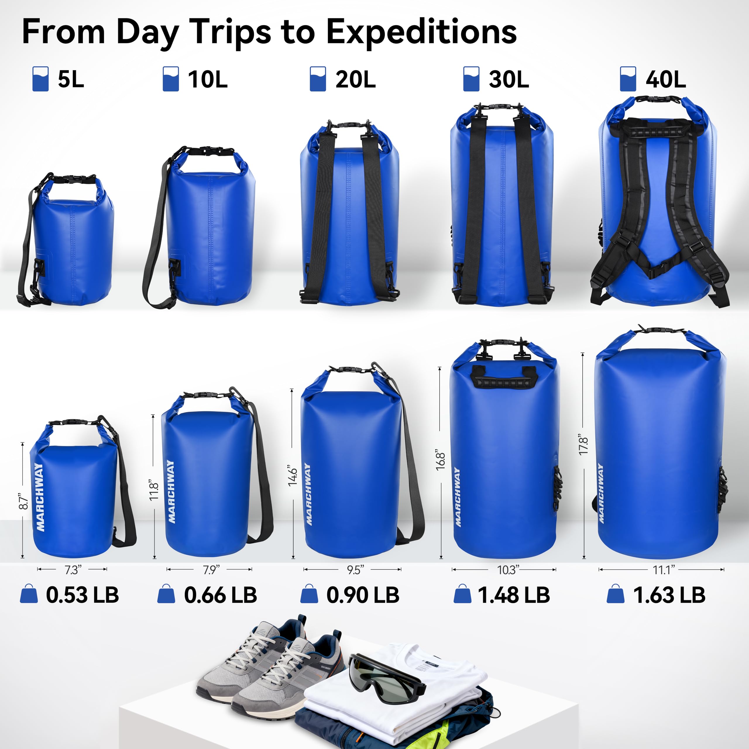 MARCHWAY Mochila Impermeable Flotante de 5L/10L/20L/30L/40L, Saco Enrollable Que Mantiene el Equipo seco para Kayak, Rafting, canotaje, natación, Camping, Senderismo, Playa, Pesca, Azul Oscuro, 10 L