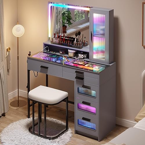 Miniatura 14 de HNEBC - Mesa de tocador RGB con espejo y luces, mesa de maquillaje con espejo LED y estación de carga USB/inalámbrica, juegos de mesa de tocador con