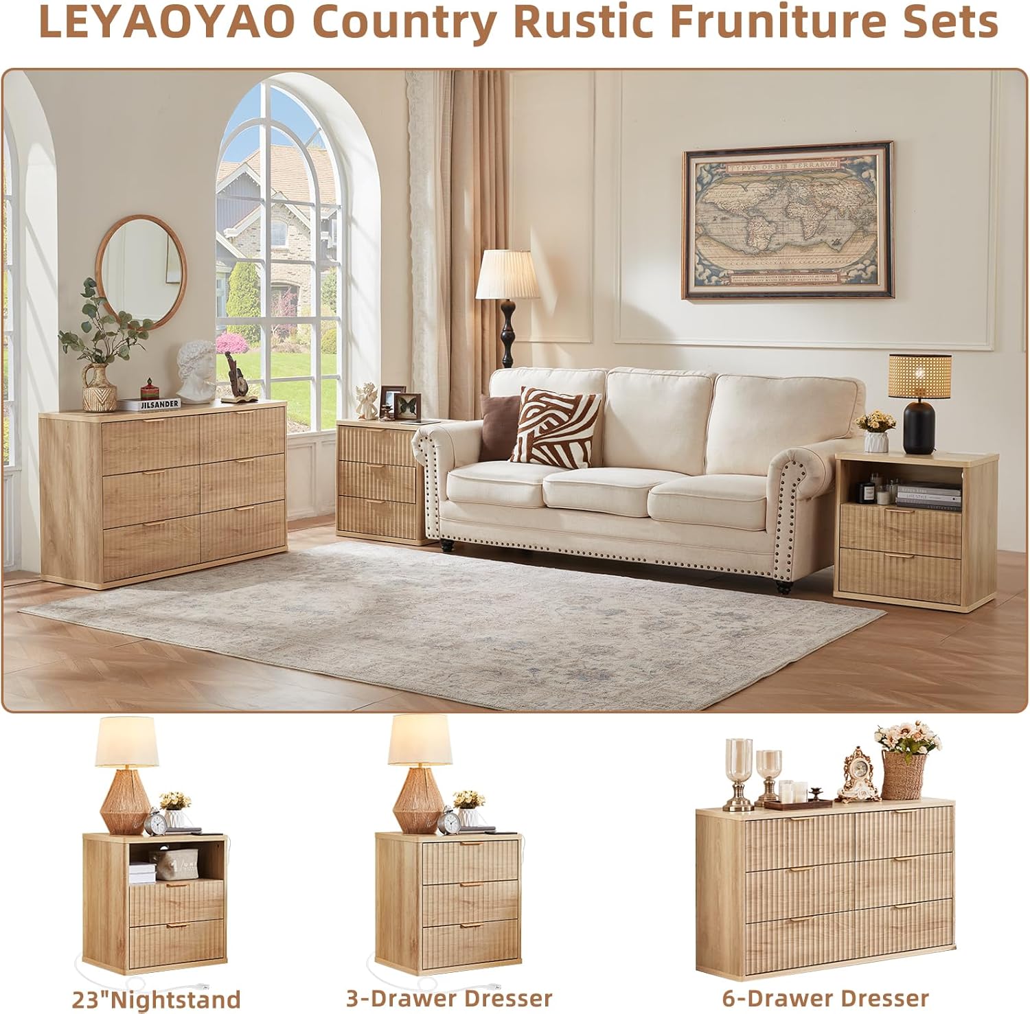 LEYAOYAO Fluted Nightstand with Charging Station, 23" Wide 2 Drawers End Table, Natural Night Stand with Open Storage Cabinet, Farmhouse Bed Side Tables, Wood Dresser for Bedroom, Living Room, Closet 2 Drawers Natural 1