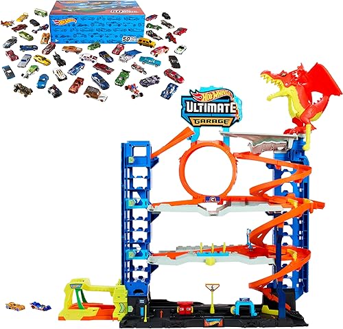 Hot Wheels City Ultimate Garage Playset con 2 autos fundidos a presión, almacenamiento de juguetes para más de 50 autos a escala 164, 4 niveles de