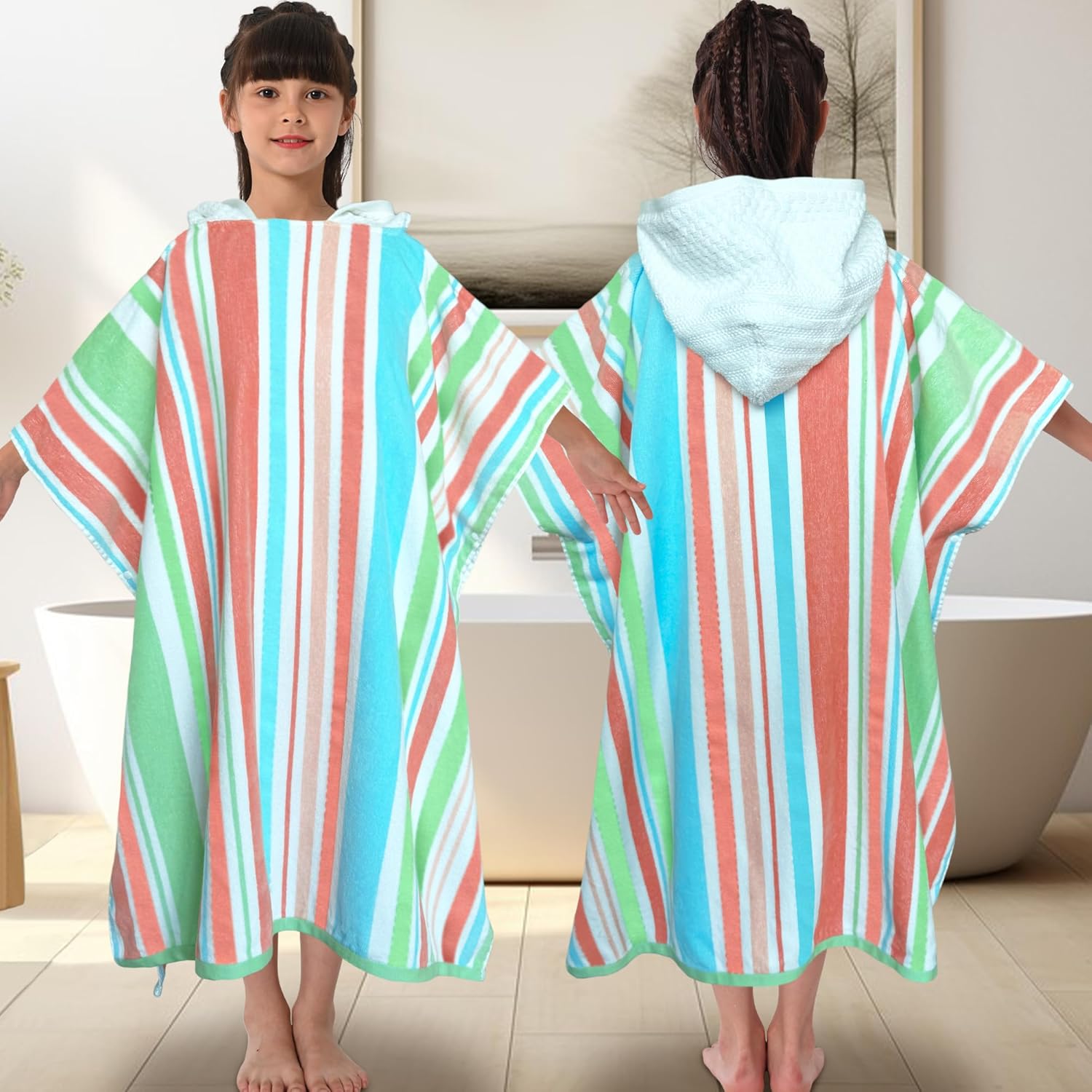 VOOVA & MOVAS Hooded Beach Towels for Boys| Girls | Teenagers (8-16Years), 100% Cotton Thick Poncho Towel for Kids, Perfect for Pool, Beach, Bath and Gifts,Green Red Stripe