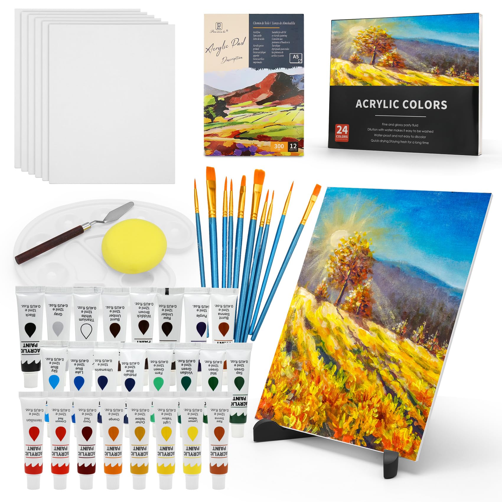 Ginobili 56 Pack Acrylic Paints Set, Painting Supplies Kit,24 Colors Acrylic Paint,6 Blank Canvas, Table Easel, Brushes, Paper Pad, Sponge, Palette for Adult Toddlers Beginner