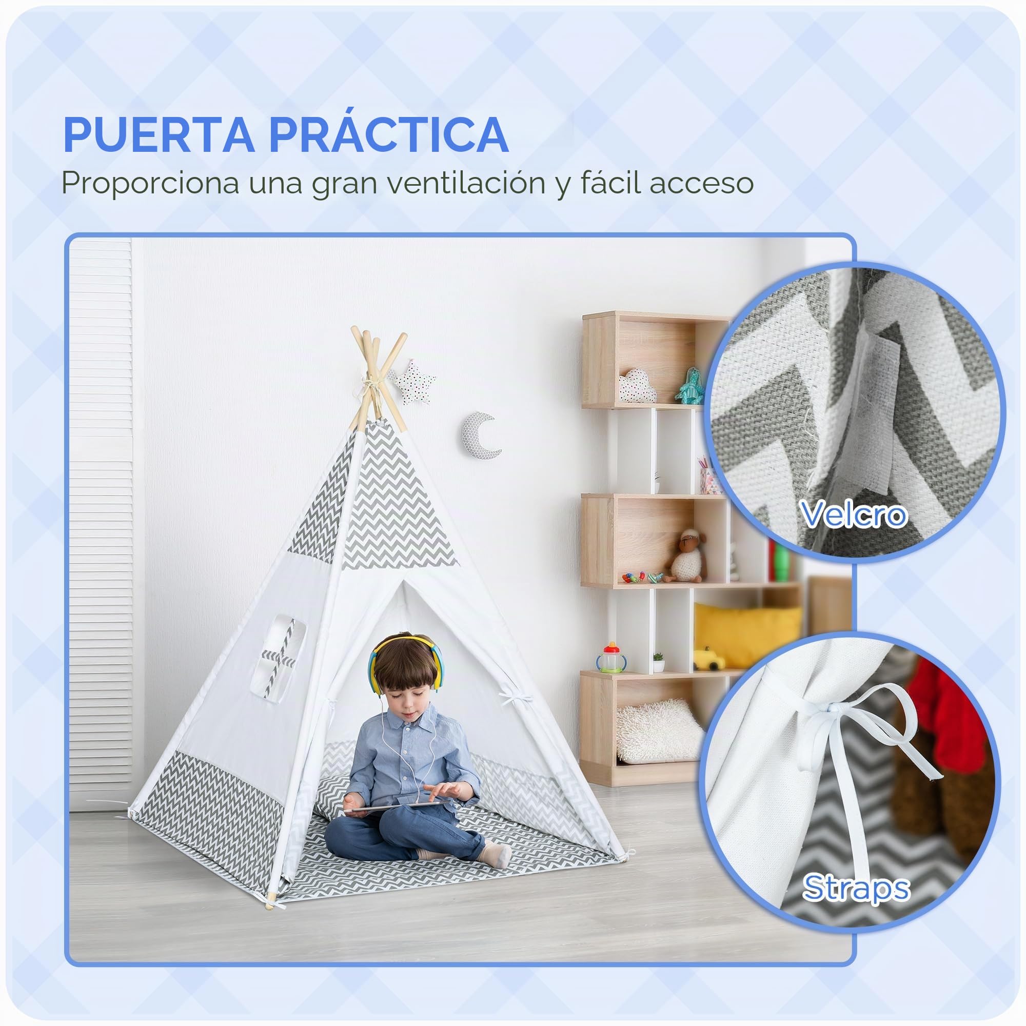 HOMCOM Tipi Indio Tienda de Juego 1.2L x 1.2W x 1.55H m Gris Blanco