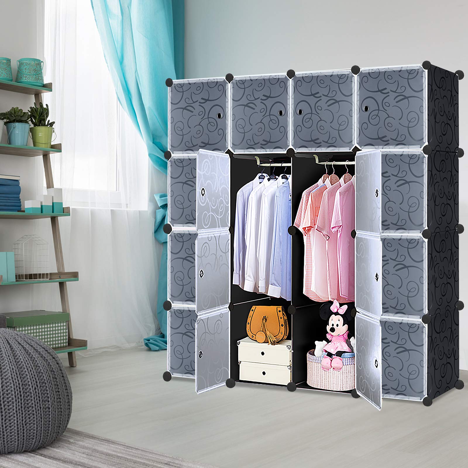 di scaffalatura in plastica con porta e asta appendiabiti, armadio, camera da letto, armadio combinato per vestiti, libri, giocattoli (16 cubi, nero)