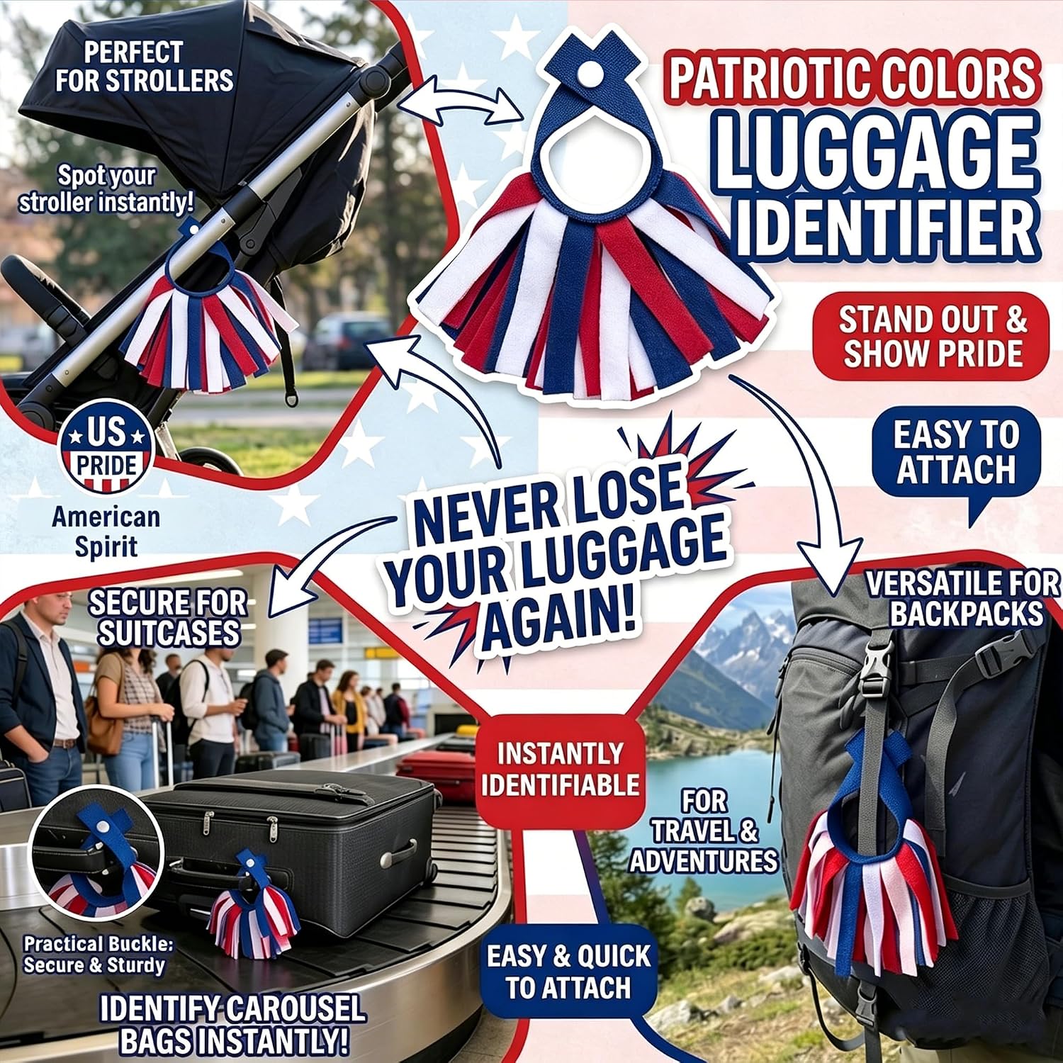 2 Pcs Patriotic Luggage Pom Poms for Suitcases - Red White and Blue Luggage Identifiers for Travel, USA Colors Suitcase Tags, Unique Bag Markers with Snap Button for Easy Spotting