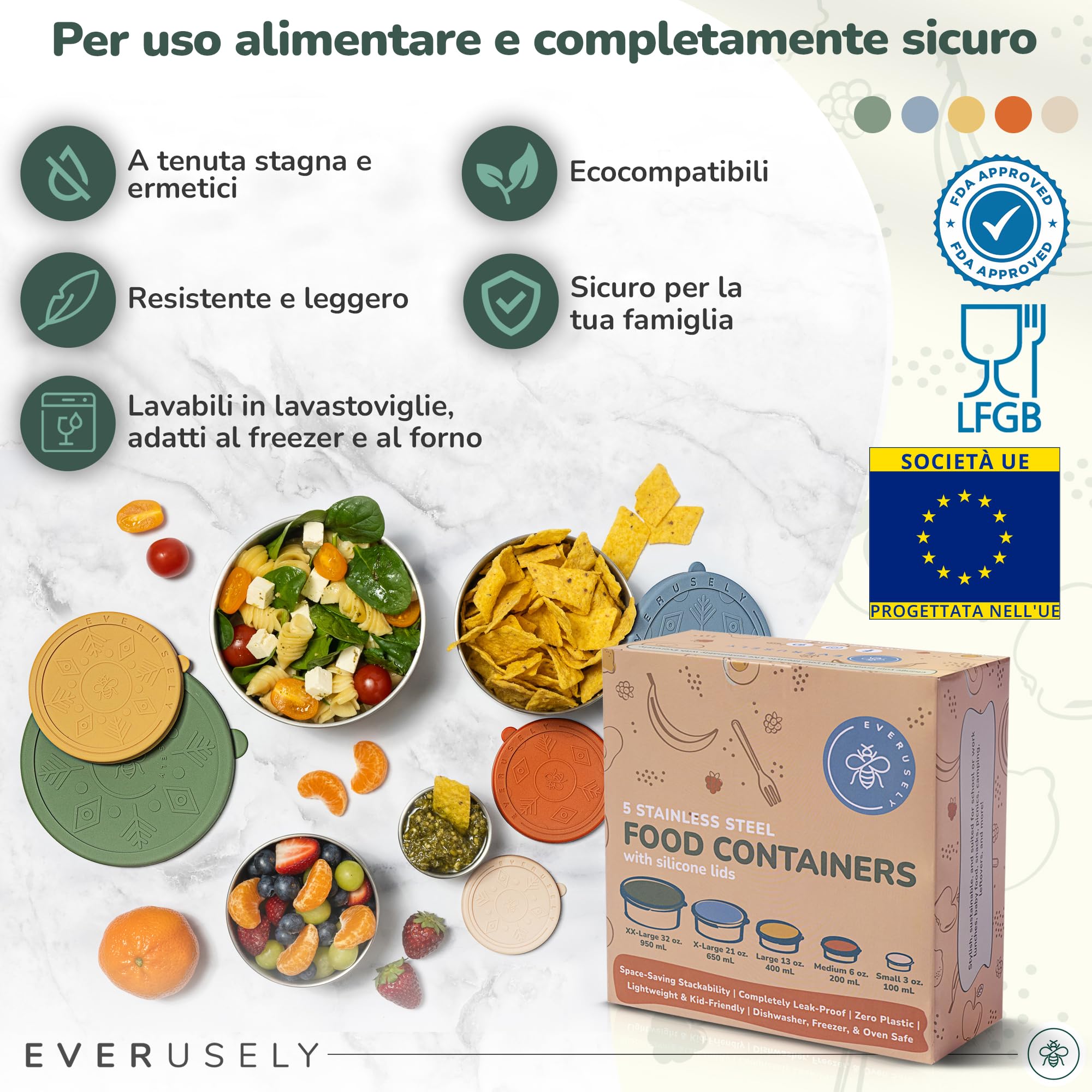 Everusely - Porta pranzo in acciaio inox con coperchi ermetici - Set da 5, collezione Muted - Porta pranzo ermetico - Contenitori per alimenti impilabili