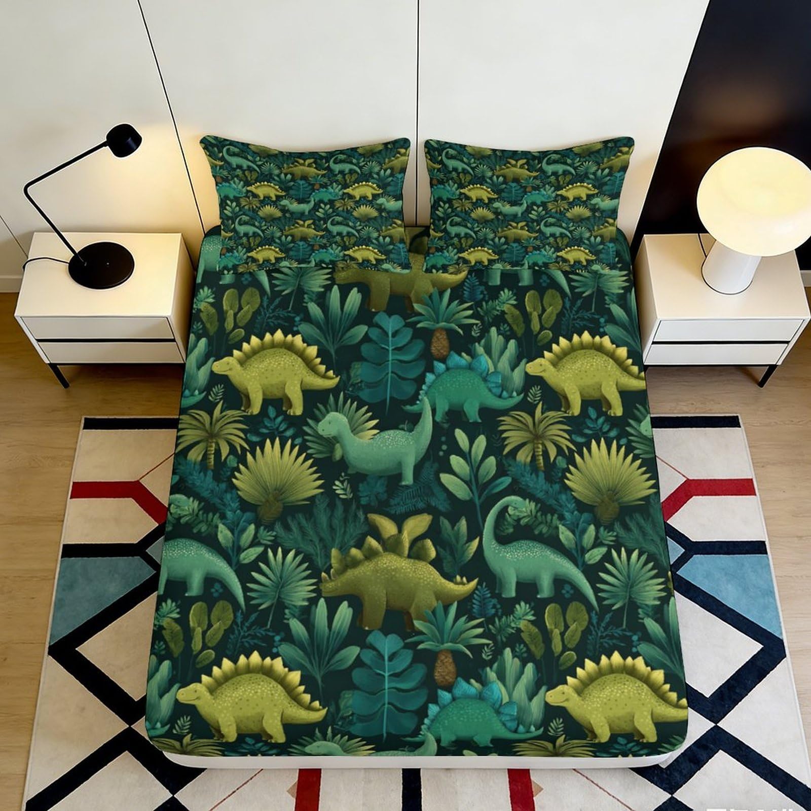 3D Printed Dinosaur Jungle Fitted Sheet Microfiber Soft Breathable Forest Green Mattress Cover Bedroom Decor 90x200x25cm