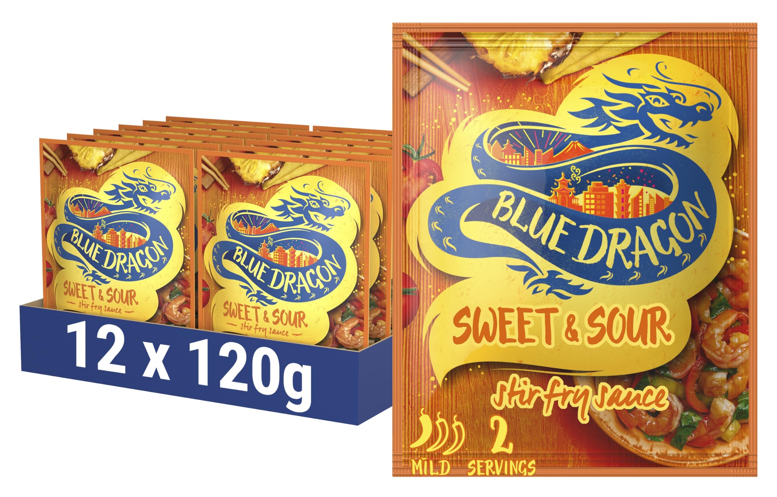 Blue Dragon Sweet & Sour Stir Fry Sauce Sachets Pack of 12 (12 x 120g) - Mild Spice - Vegan, No Artificial Flavours or Colours - Quick & Easy to Cook - Stir Fry Cooking Sauce