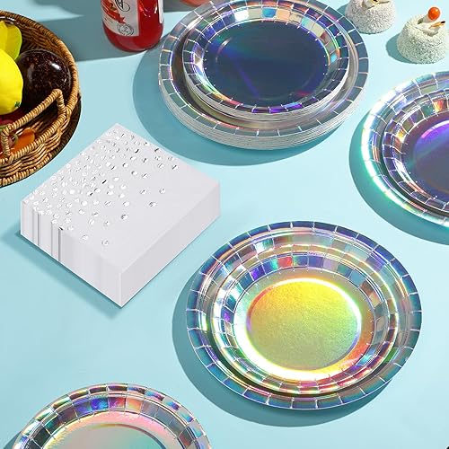 Miniatura 3 de Suministros de fiesta iridiscentes para decoración de 50 unidades, juego de platos y servilletas de papel holográfico, platos desechables de papel