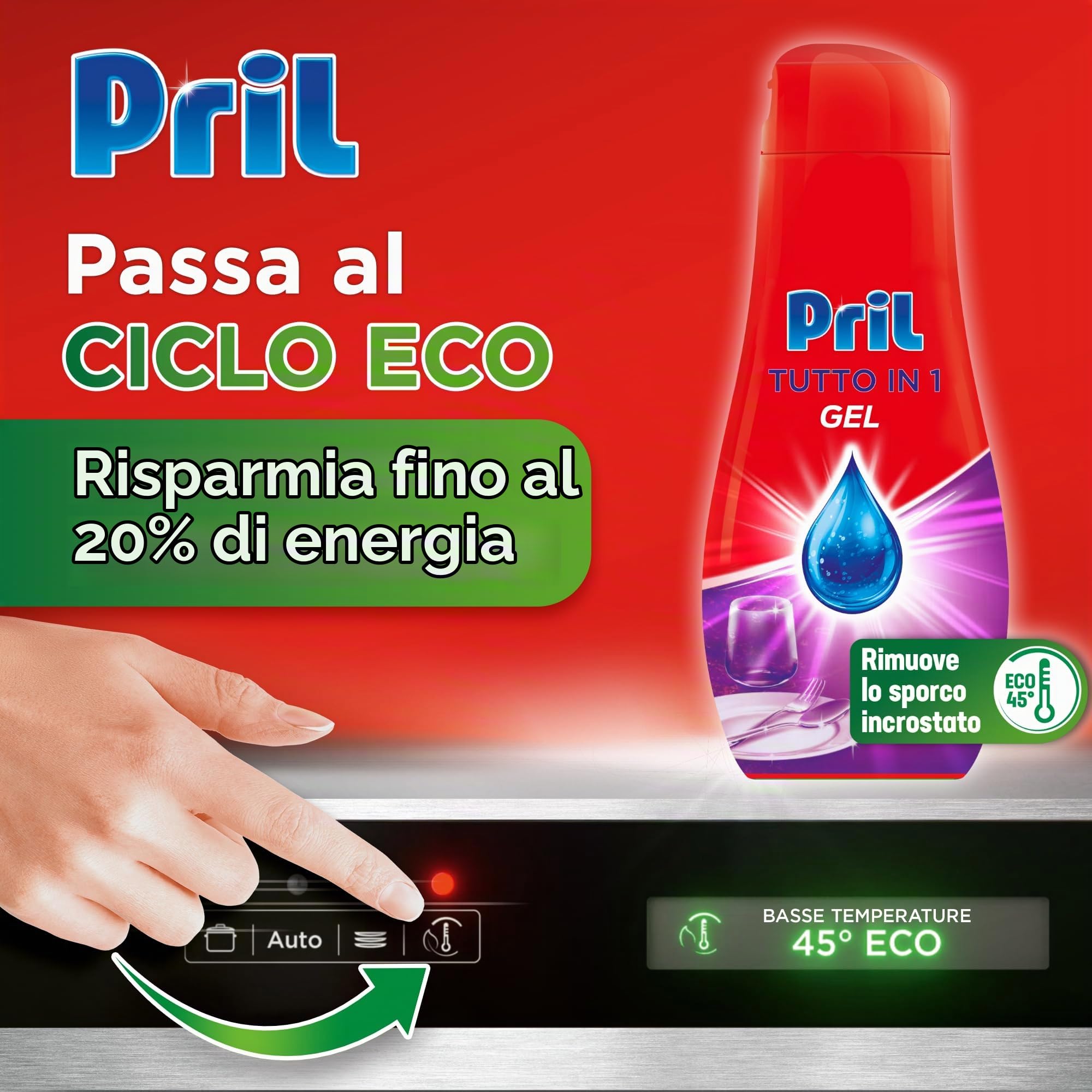 Pril Gel All in One Sciogli Grasso Detersivo Lavastoviglie Liquido Multi-Azione Sporco Difficile, 8 Confezioni da 35 lavaggi
