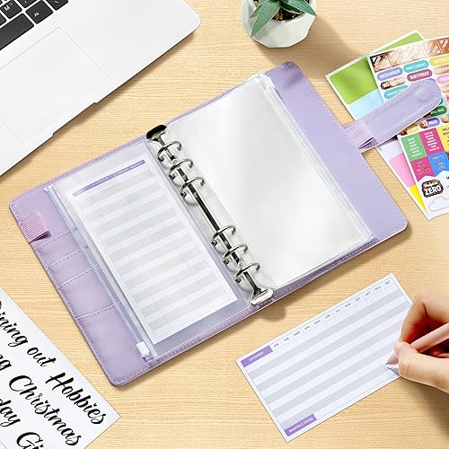 Miniatura 7 de Sooez - Carpeta organizadora de piel sintética A6 para planificar presupuesto, con 6 anillos, 8 bolsillos, 24 hojas de presupuesto de gastos y 34