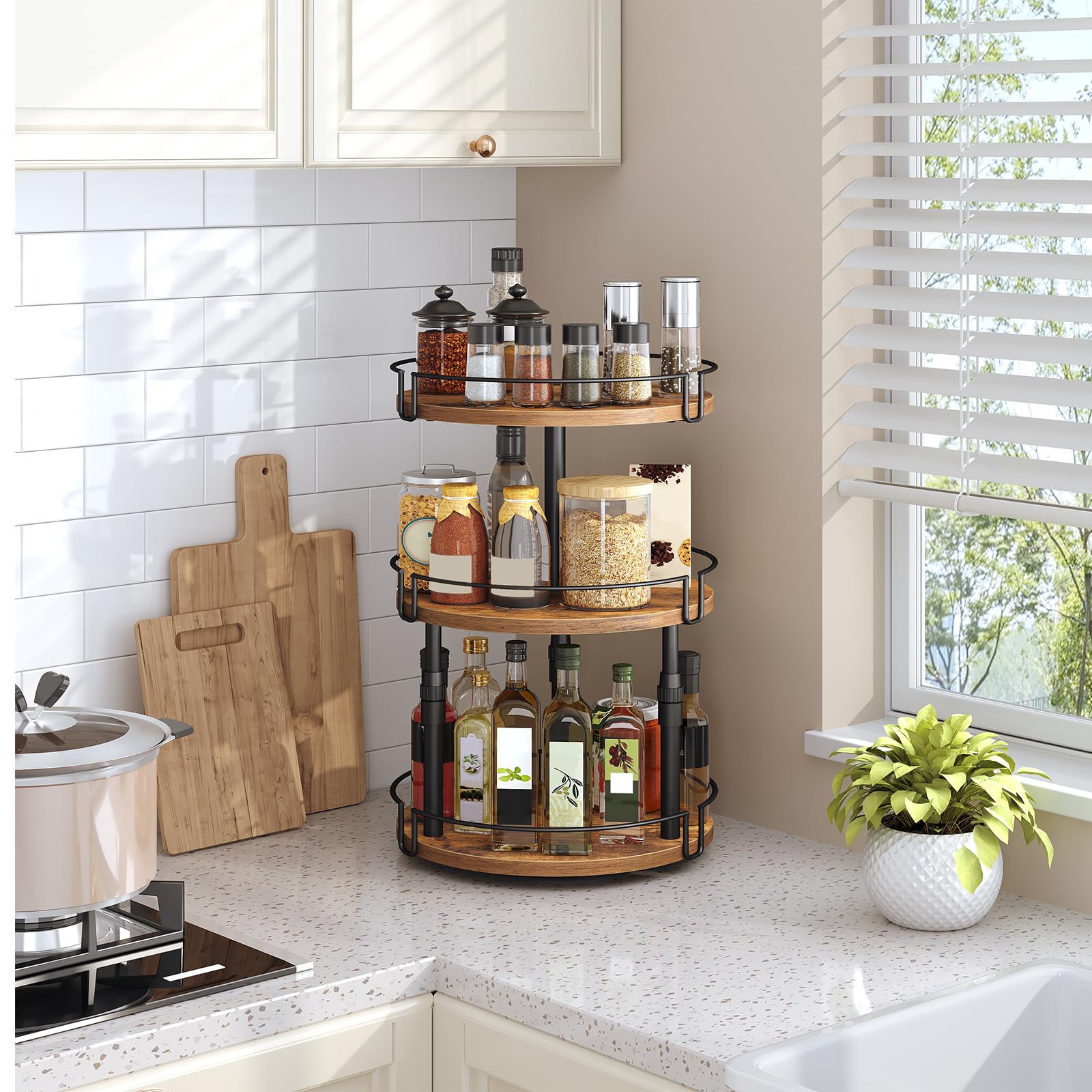 HOOBRO Étagère à Épices Rotative 3 Niveaux, Porte-Épices, Étagère de Rangement de Cuisine, Hauteur Réglable, Support à Épices, pour Cuisine, Salon, Salle de Bain, Marron Rustique et Noir EBF59TL01