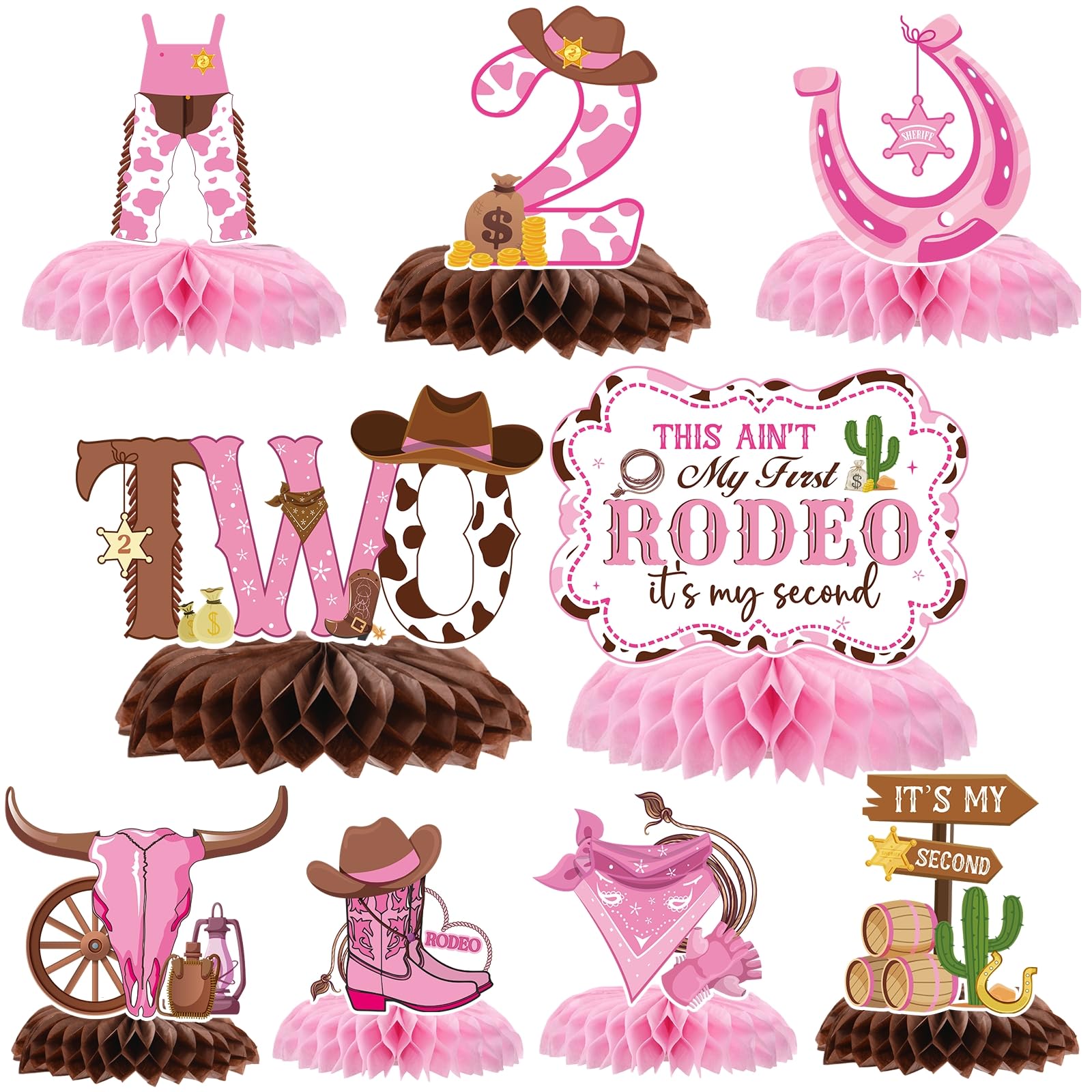 Gameza This Ain't My First Rodeo It's My Second Birthday Party Decorations, 9PCS Cowgirl 2nd Birthday Honeycomb Centerpieces Table Decorations,