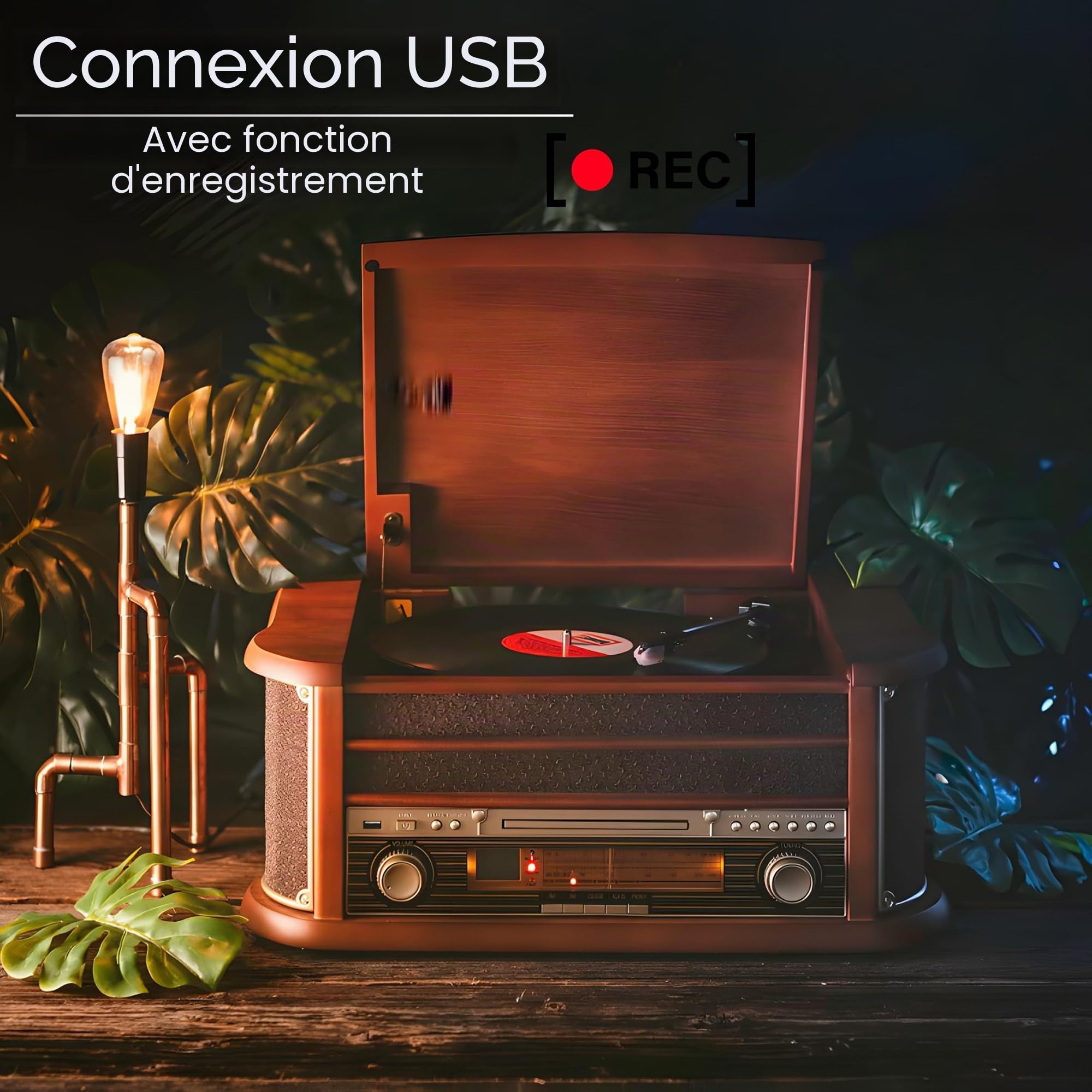 nostalgie bois Musique | Anlage | Rétro stéréo compact | Tourne-disque | Radio | Lecteur CD | USB | Télécommande | de lecture MP3 Encodage : Fonction enregistrement – aux in – integr Laus tprecher