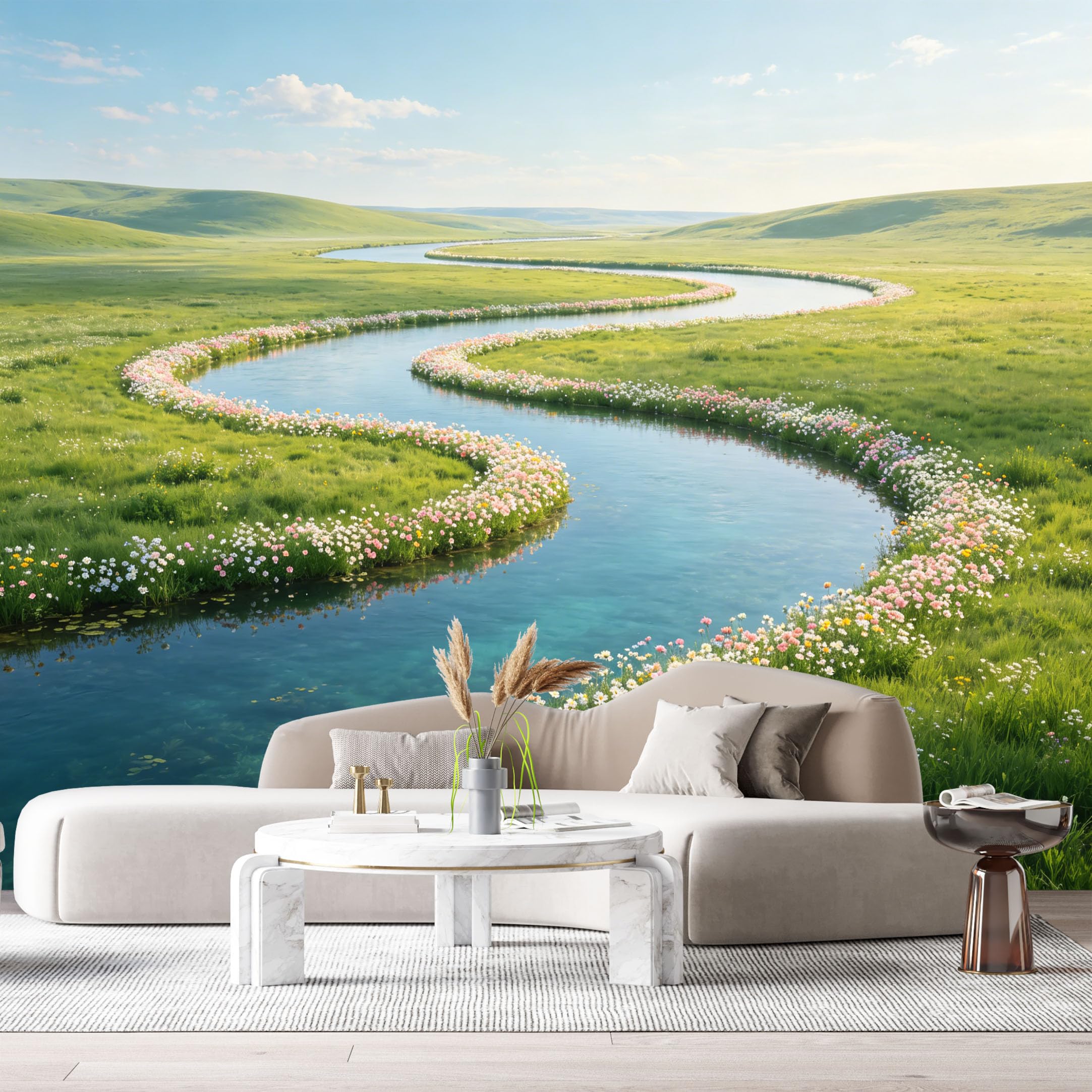 Custom Size Wall Murals Winding River Landscape Watercolor Wildflower Meadow Nature Scenery SelfAdhesive Wall Fabric Removable Large Wallpaper for Photo Living Room
